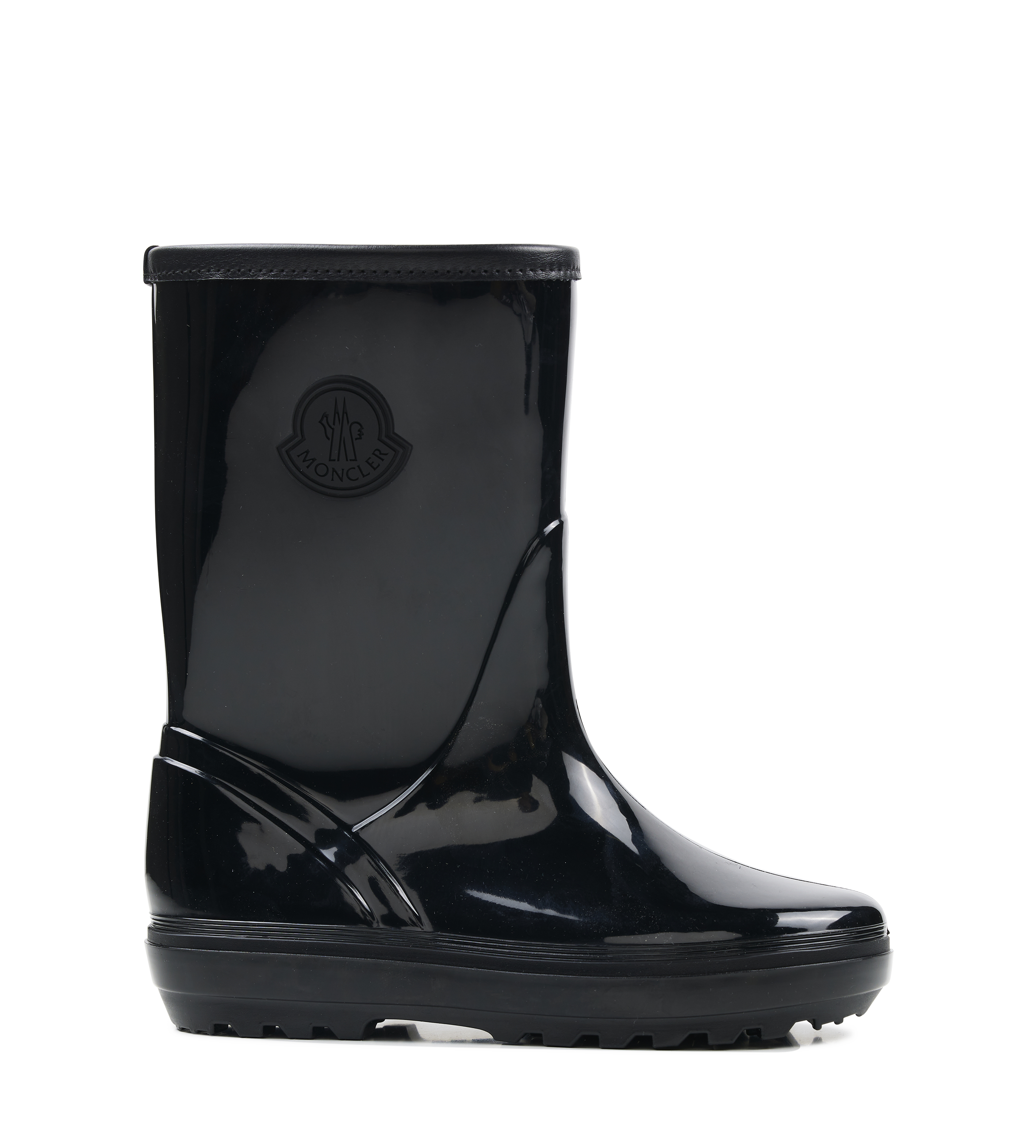 Black glossy rain boot with brand logo on a white background