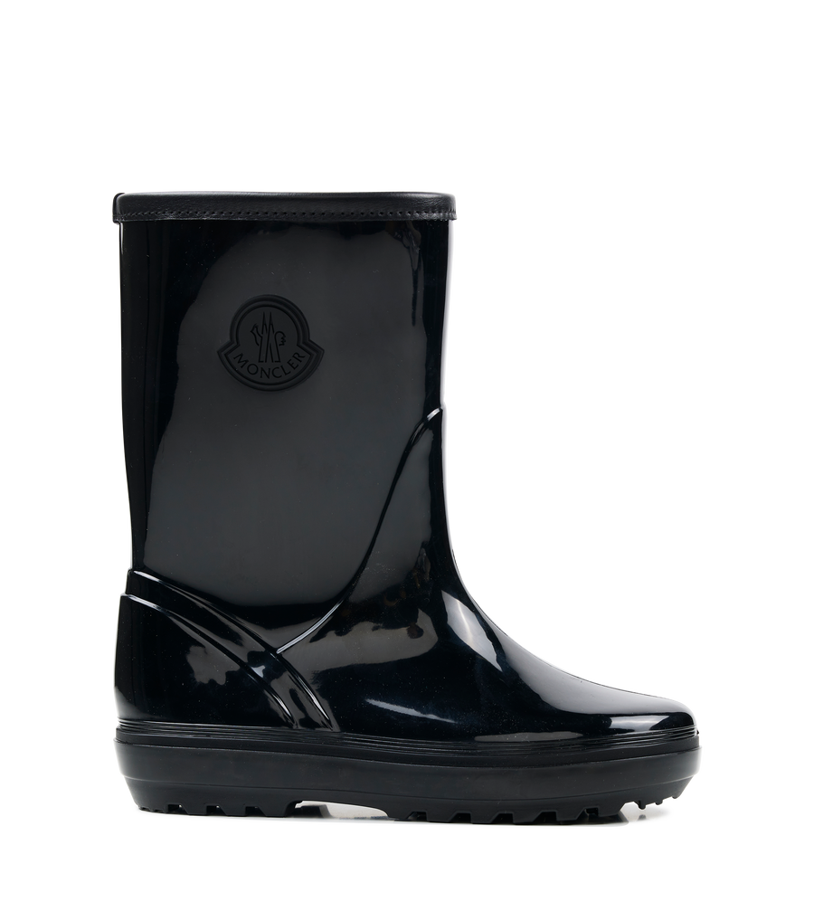 Black glossy rain boot with brand logo on a white background