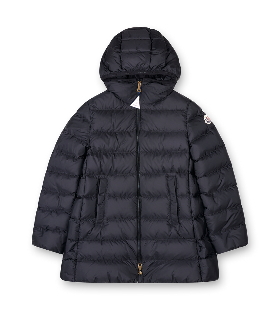 Black puffer jacket with a hood on a white background