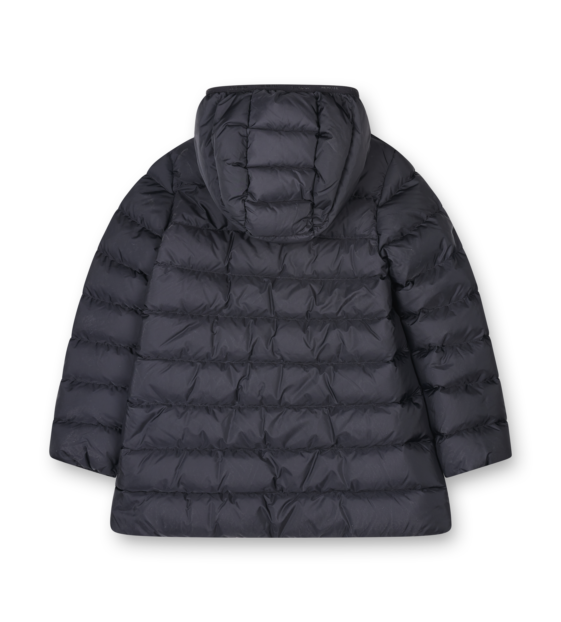 Black puffer jacket with a hood on a white background