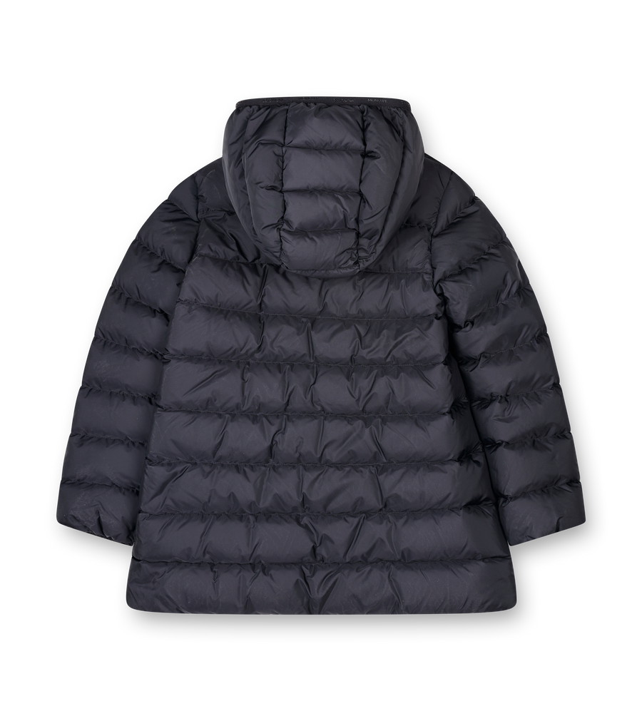 Black puffer jacket with a hood on a white background