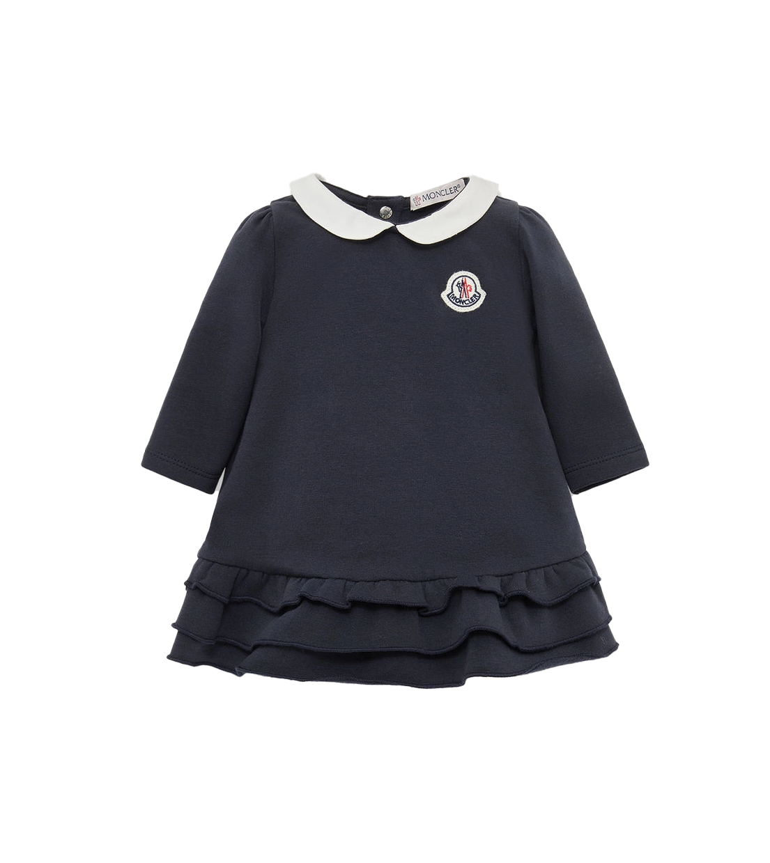 Navy blue dress with white collar and ruffled skirt on a white background