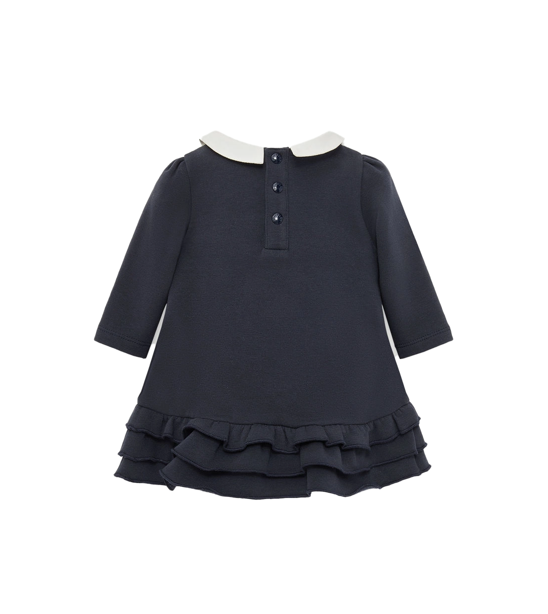 Navy dress with white collar on a white background