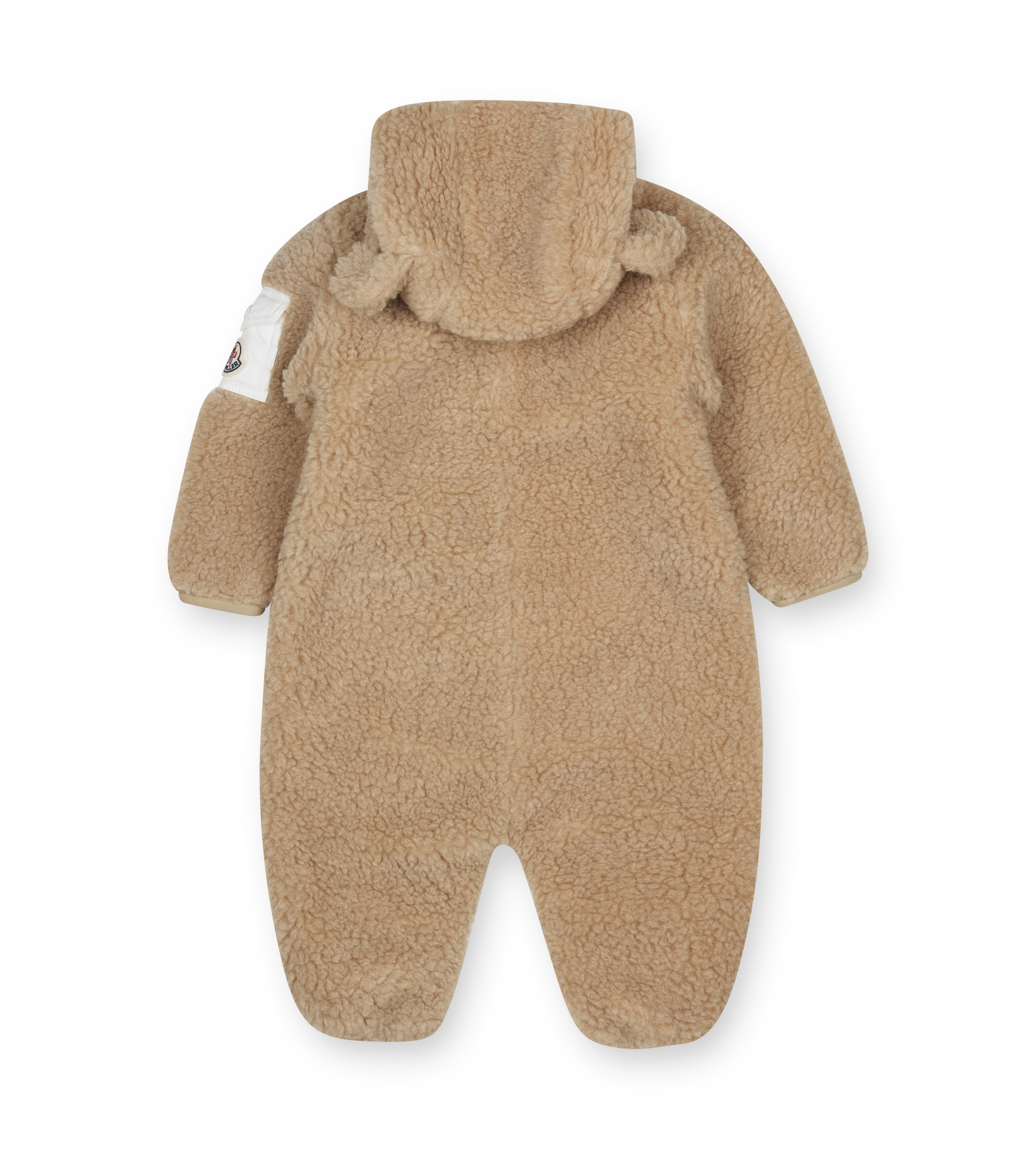 Brown baby snowsuit with a hood on a white background