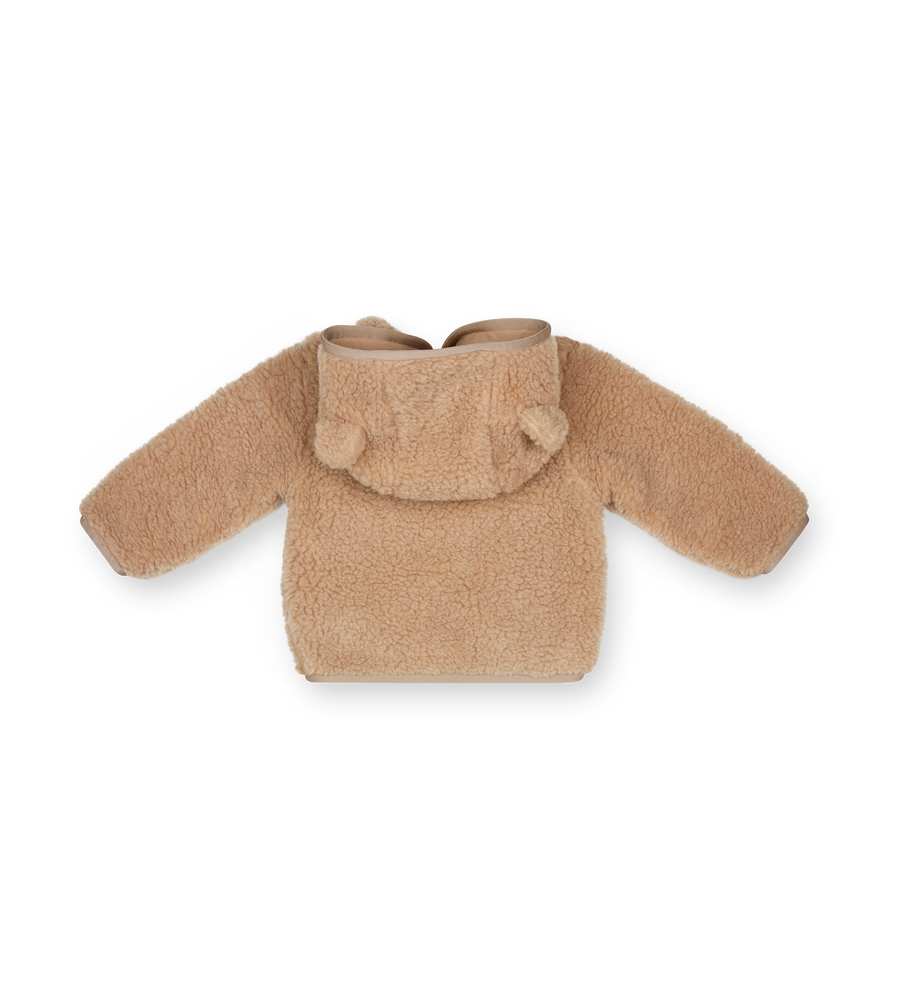 Beige baby jacket with a hood on a white background