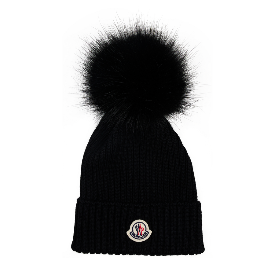 Moncler Wool Beanie Hat with Pom Pom in Black (Kids)