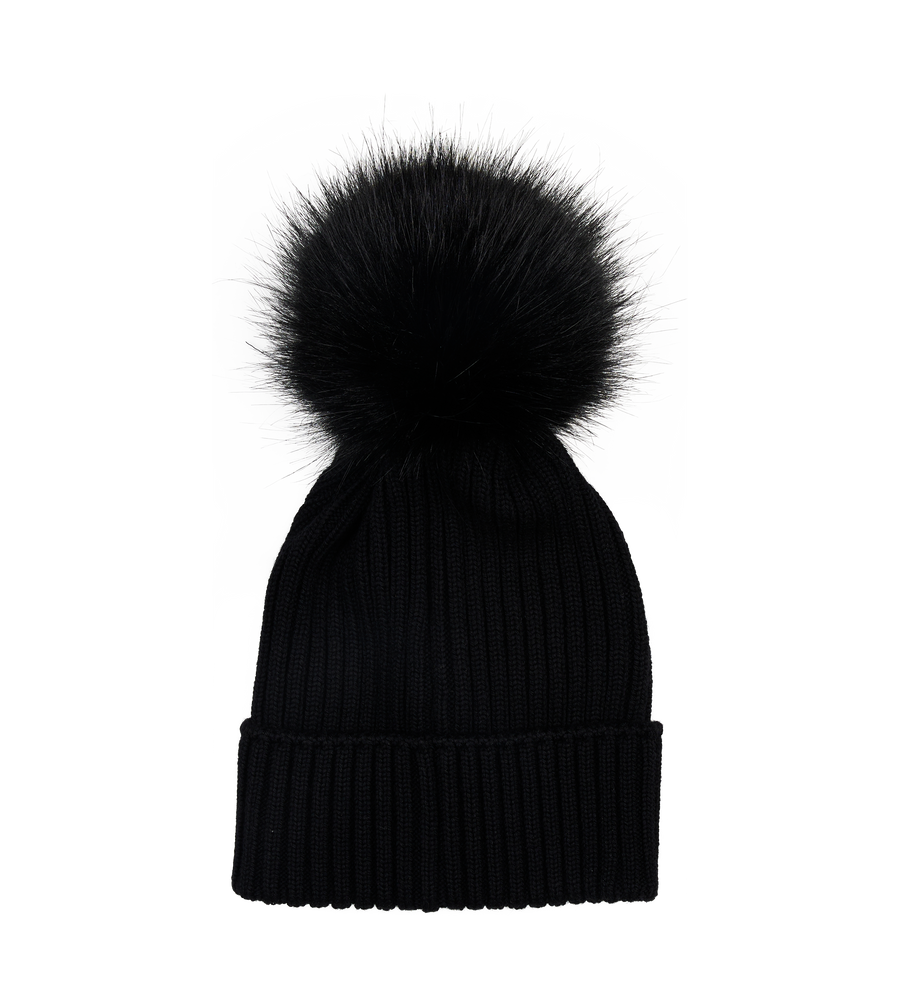 Black knit beanie with a large black pom-pom on a white background