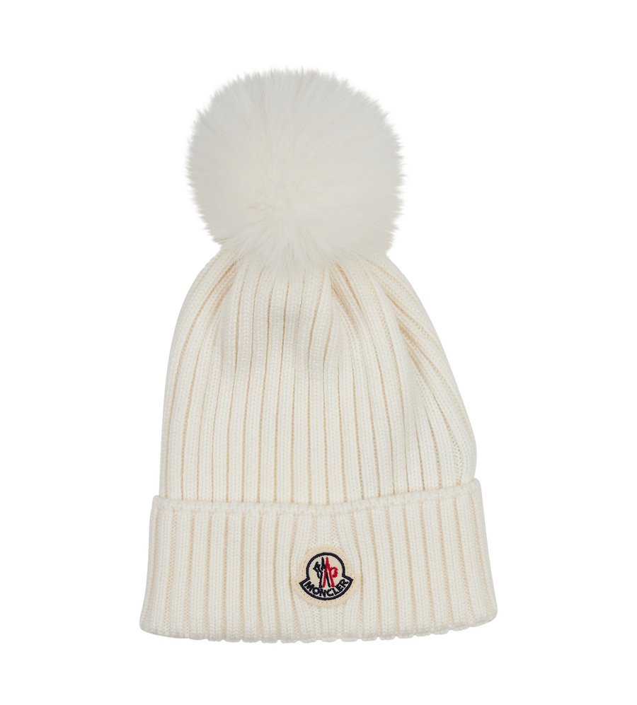 Moncler Wool Beanie Hat with Pom Pom in White for kids
