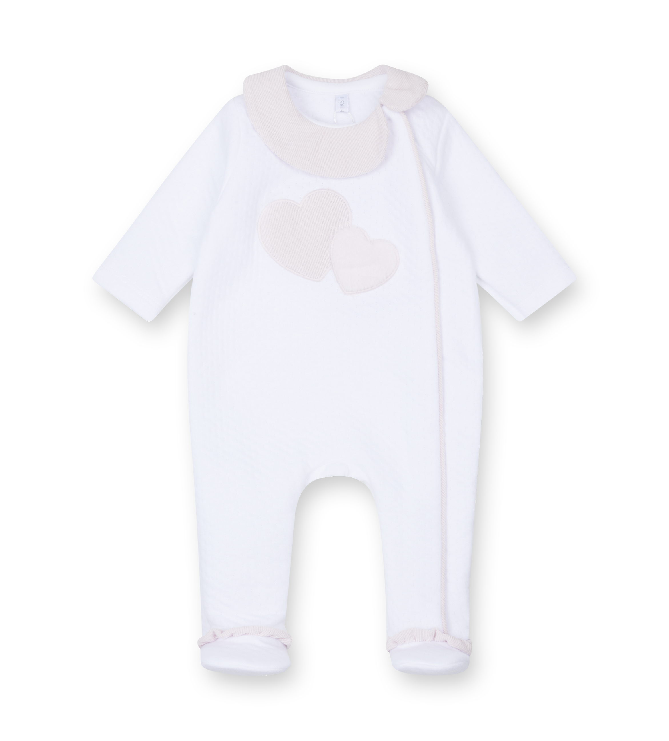 White baby onesie with a heart design on a white background
