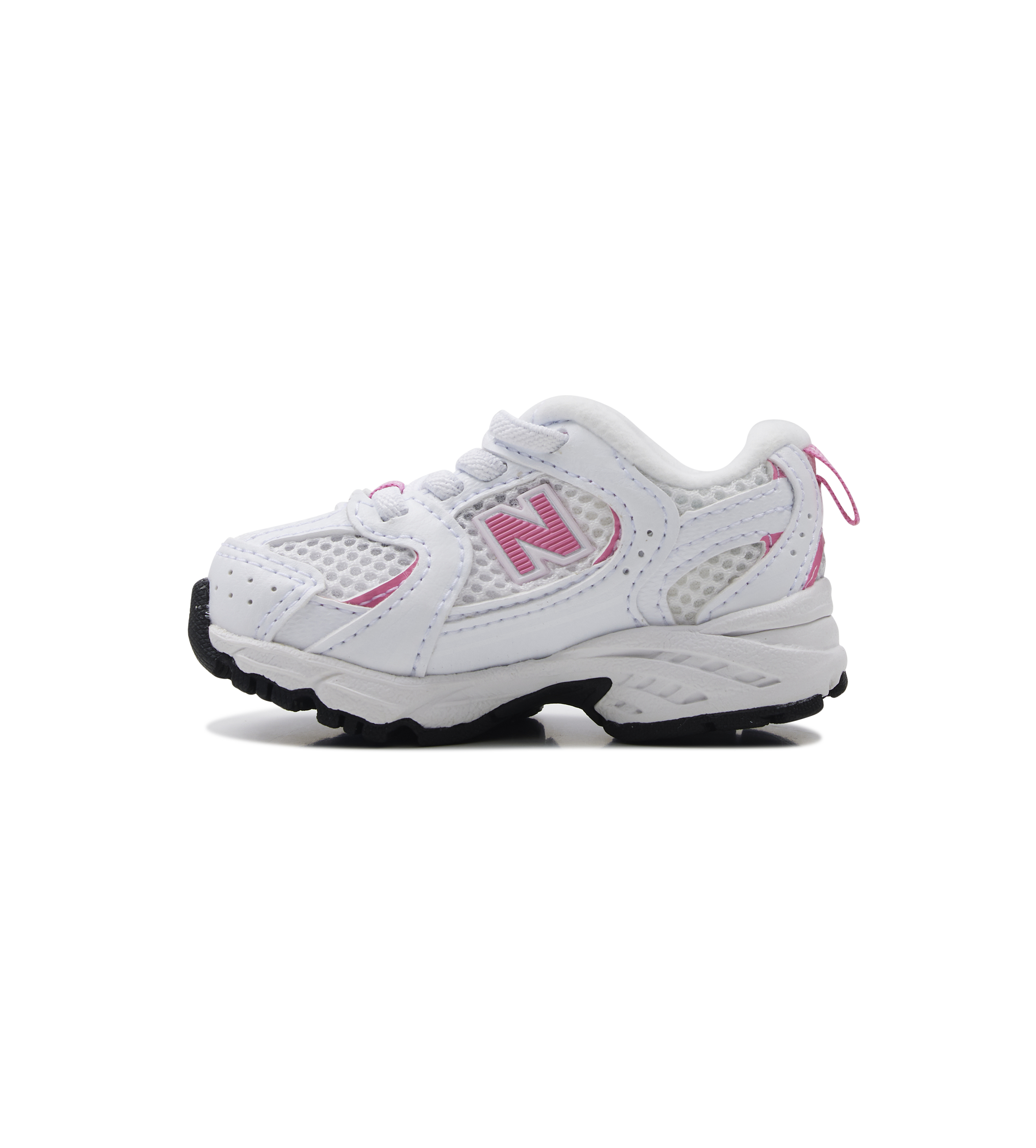 White running shoe with pink accents on a white background