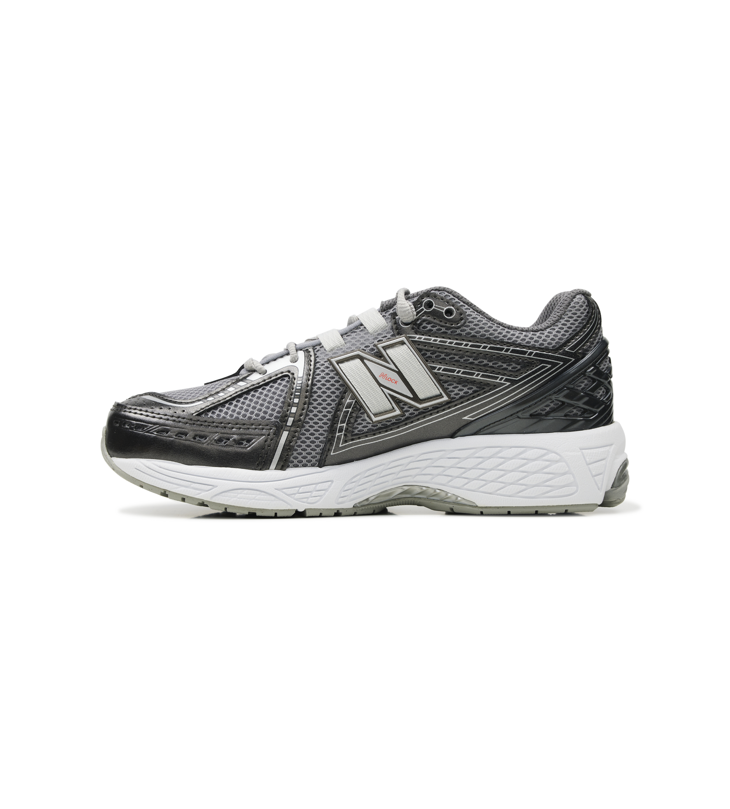 Gray and white athletic shoe with New Balance logo on a white background