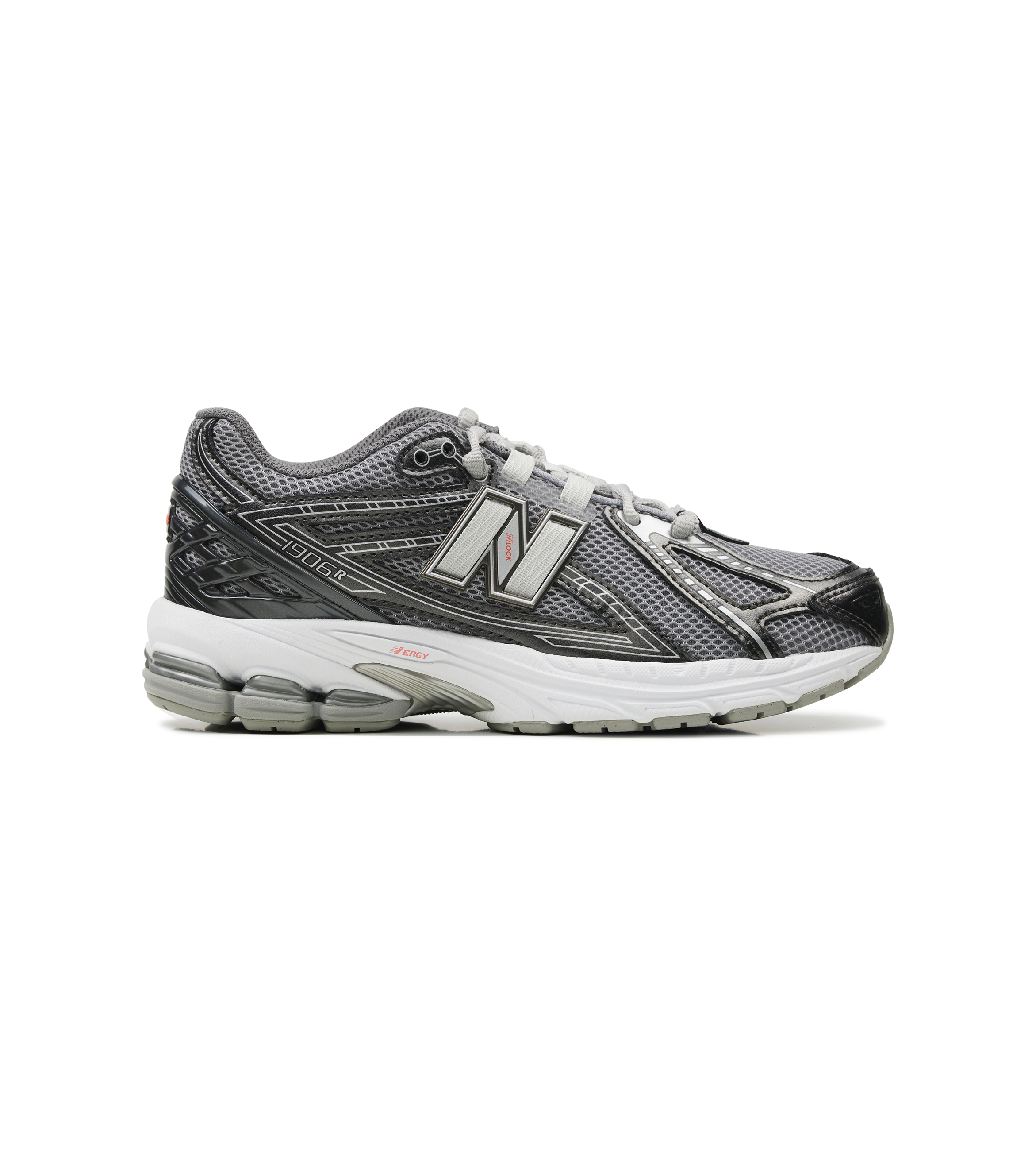Gray and white running shoe on a white background