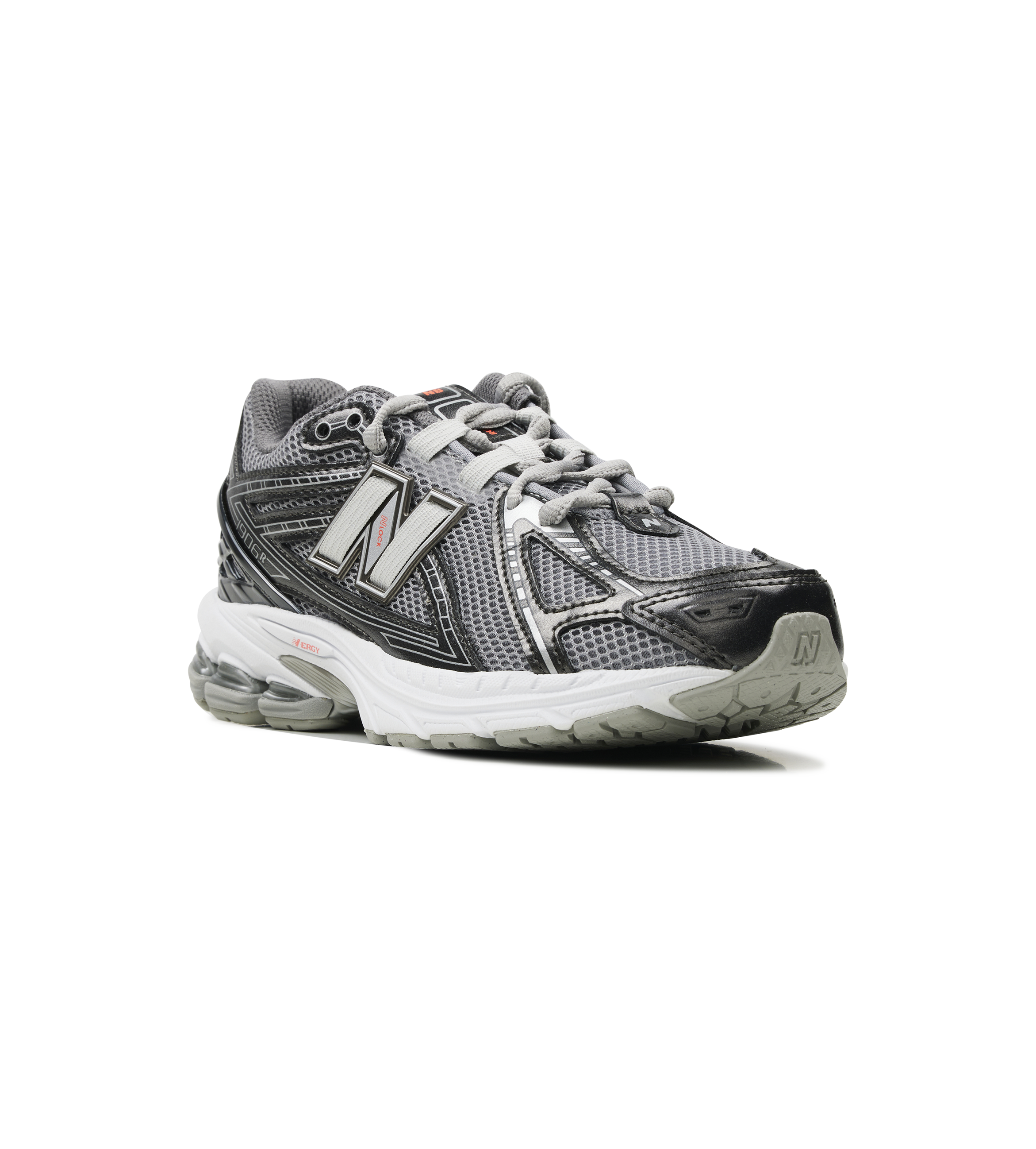 Gray and black athletic shoe with New Balance logo on a white background