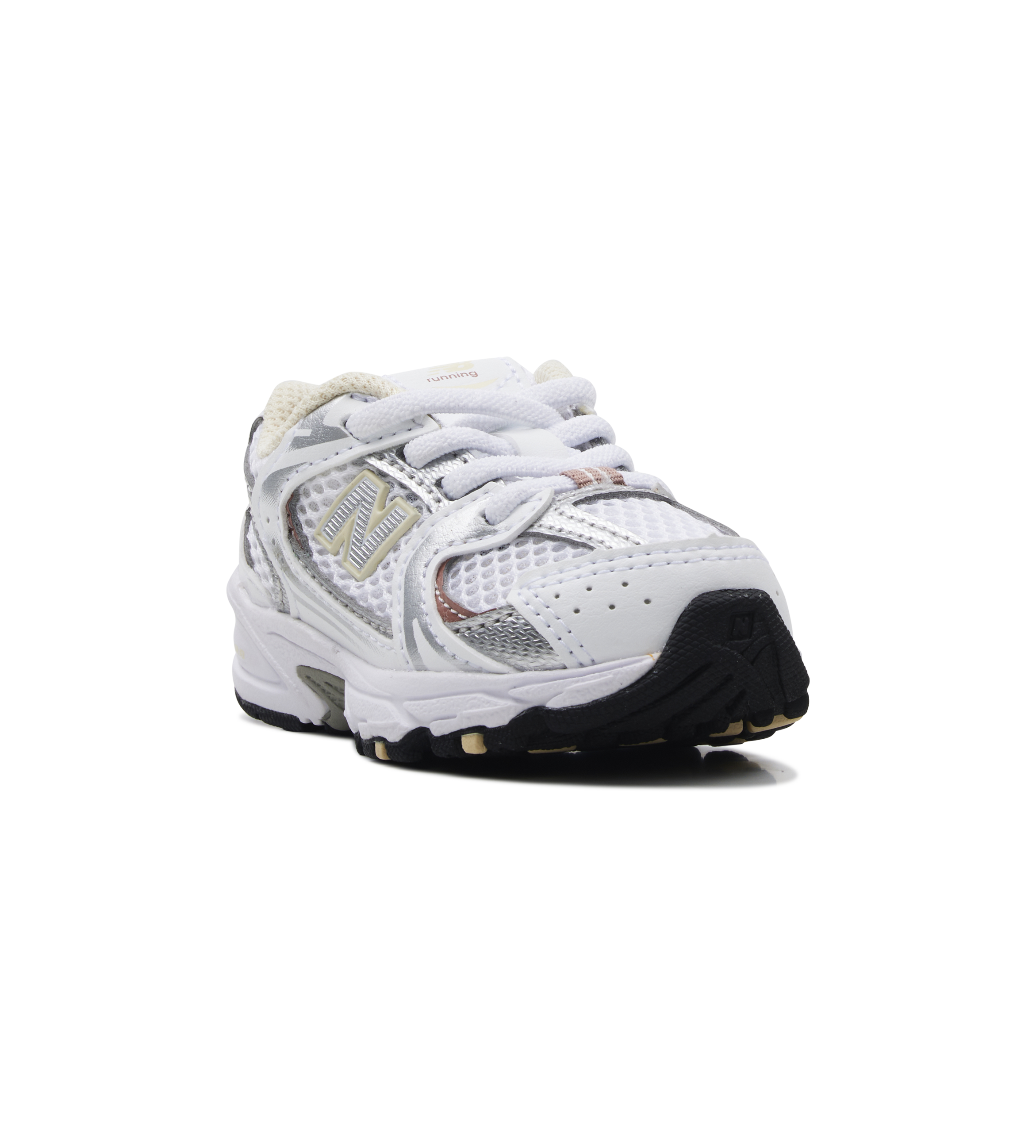 White athletic shoe with black sole on a white background