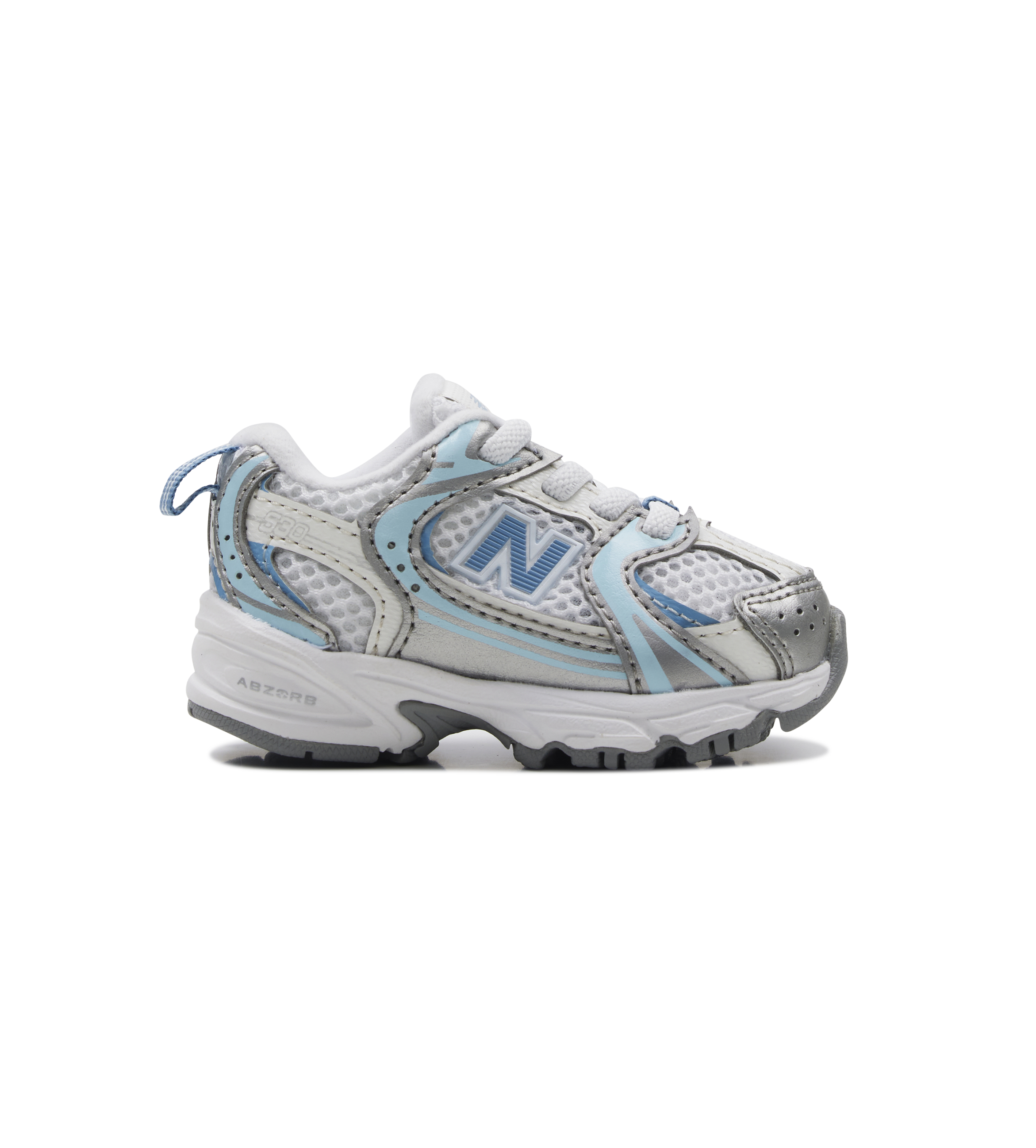 Gray and blue sneaker with New Balance logo on a white background