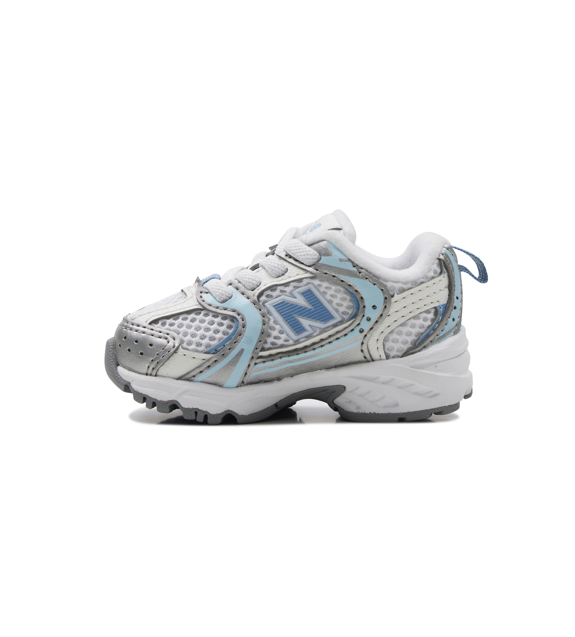 Gray and blue sneaker with New Balance logo on a white background