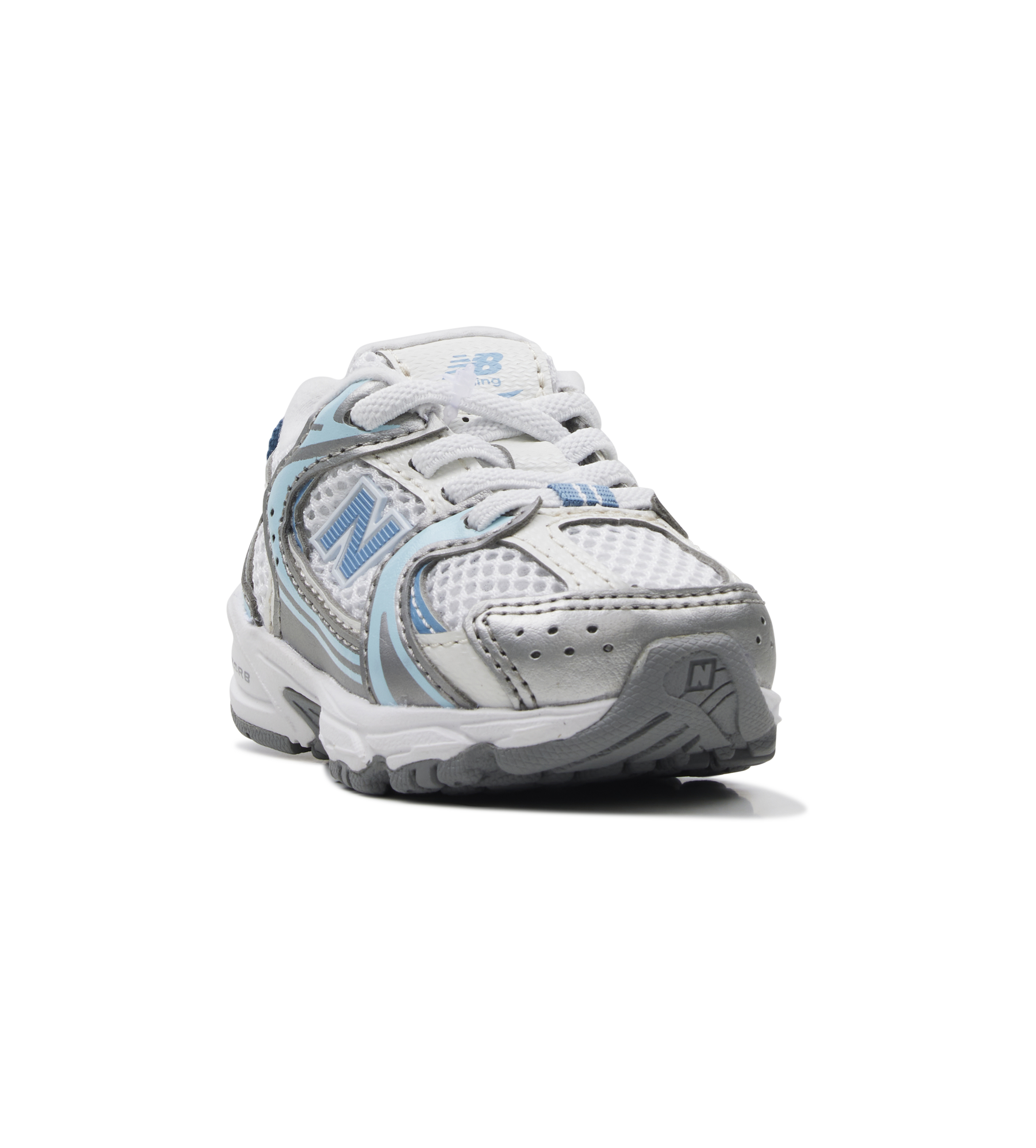 White and blue athletic shoe on a white background