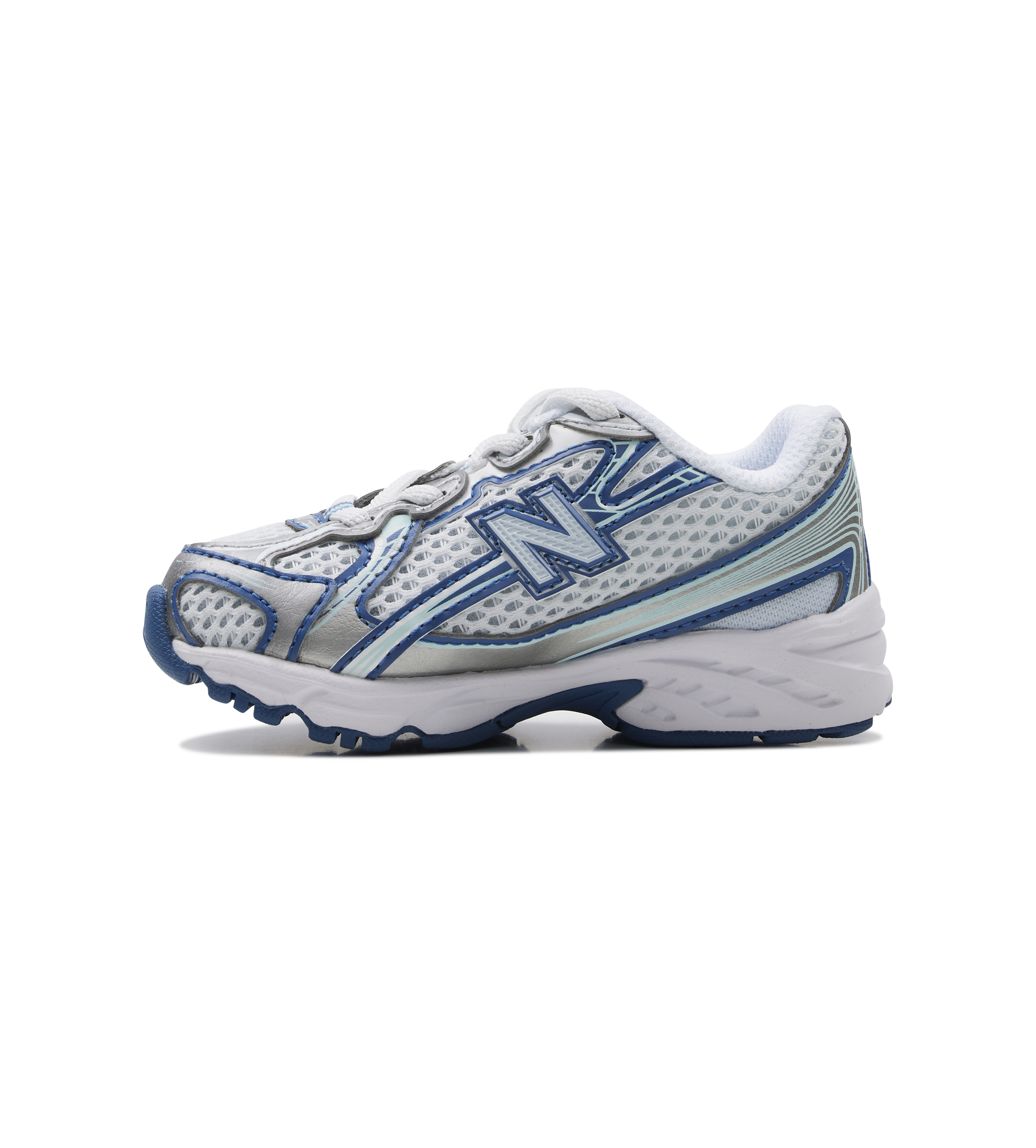 White and blue running shoe on a white background