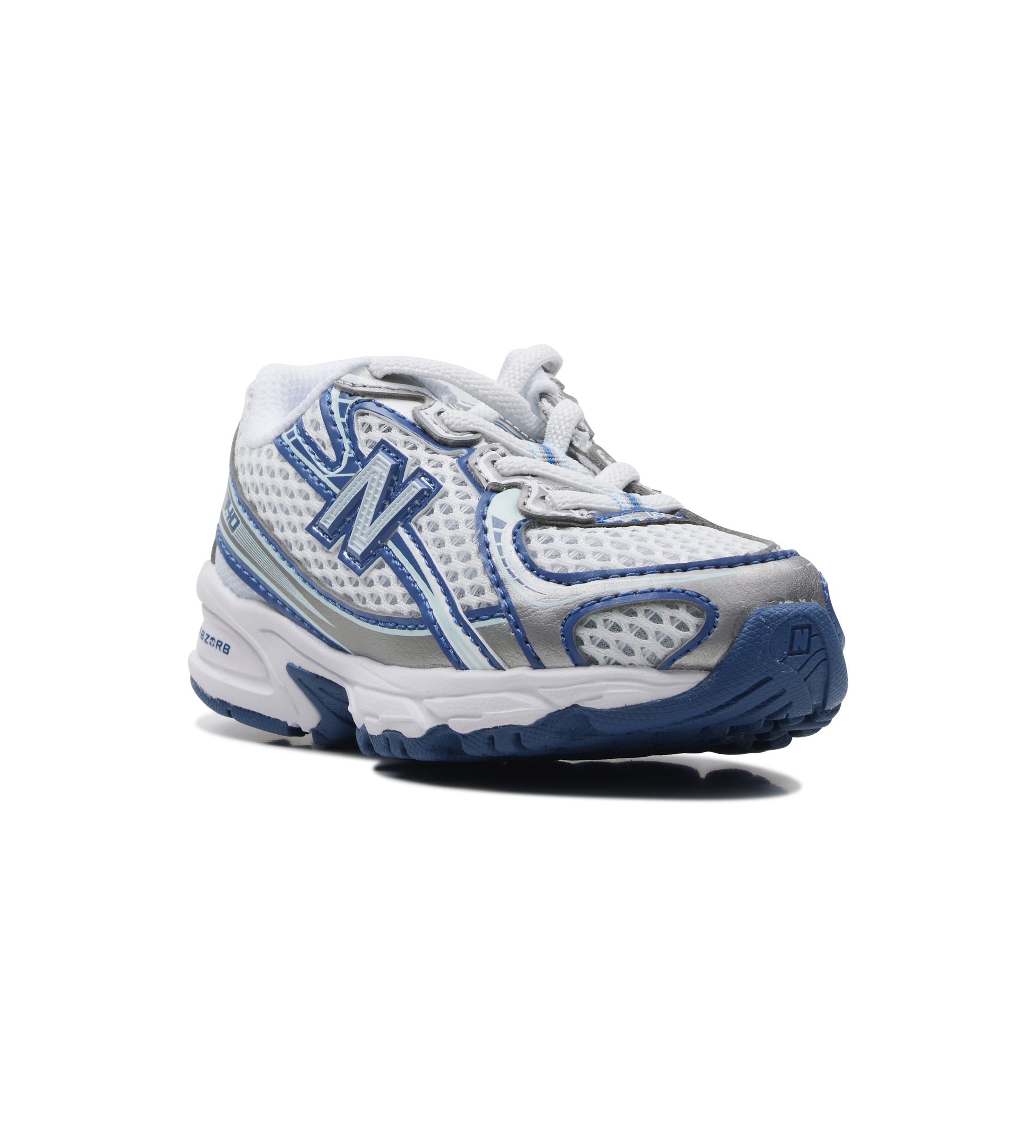 White and blue sneaker with New Balance logo on a white background