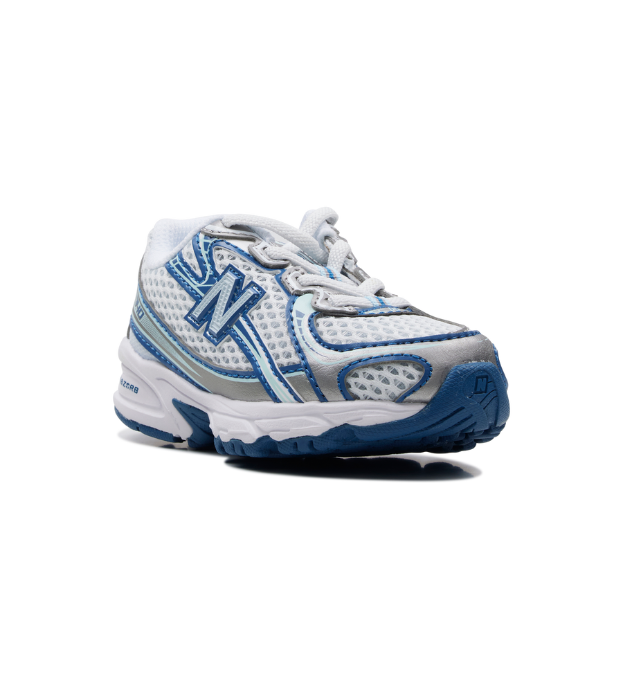 White and blue sneaker with New Balance logo on a white background
