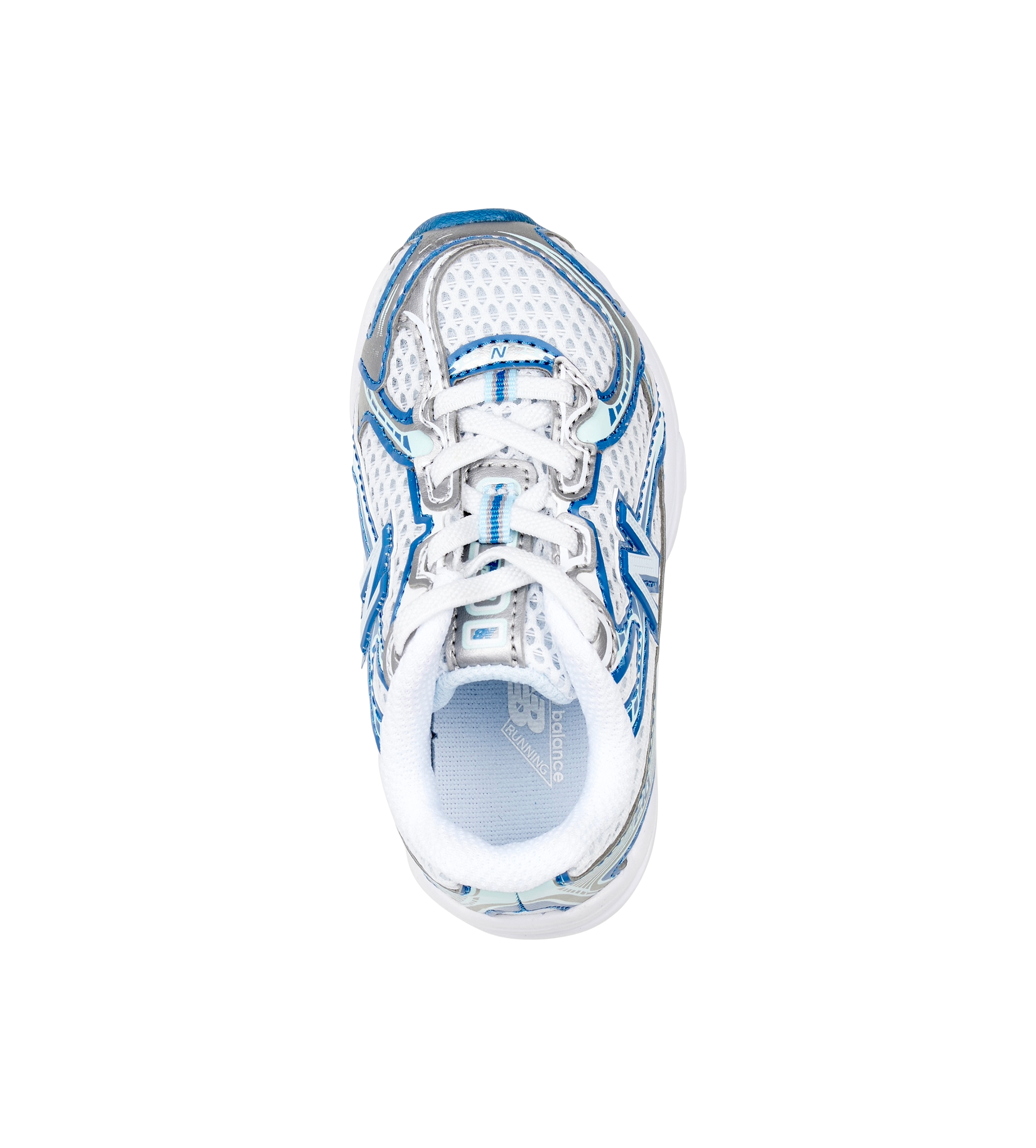 White sneaker with blue accents on a white background
