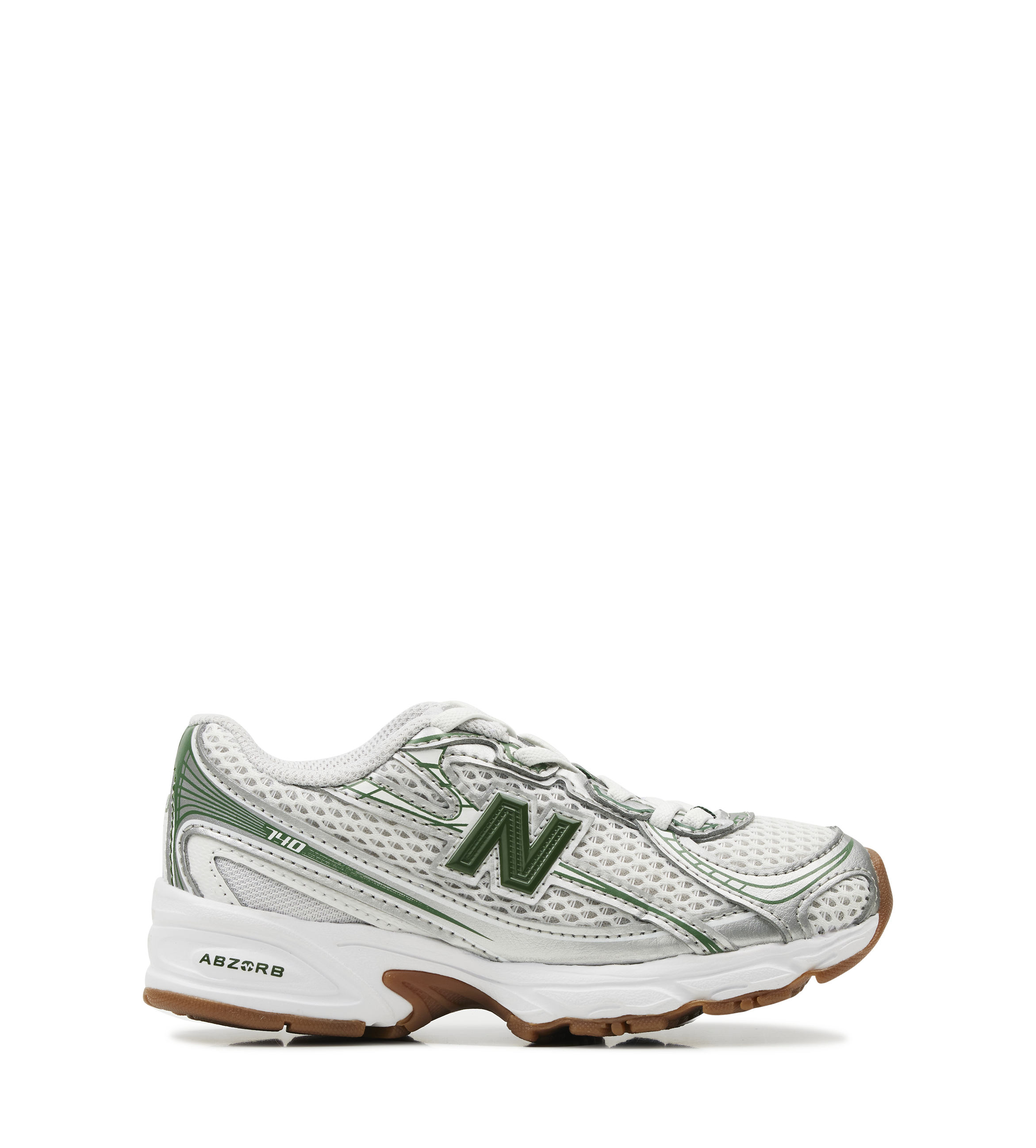 White and green sneaker with New Balance logo on a white background