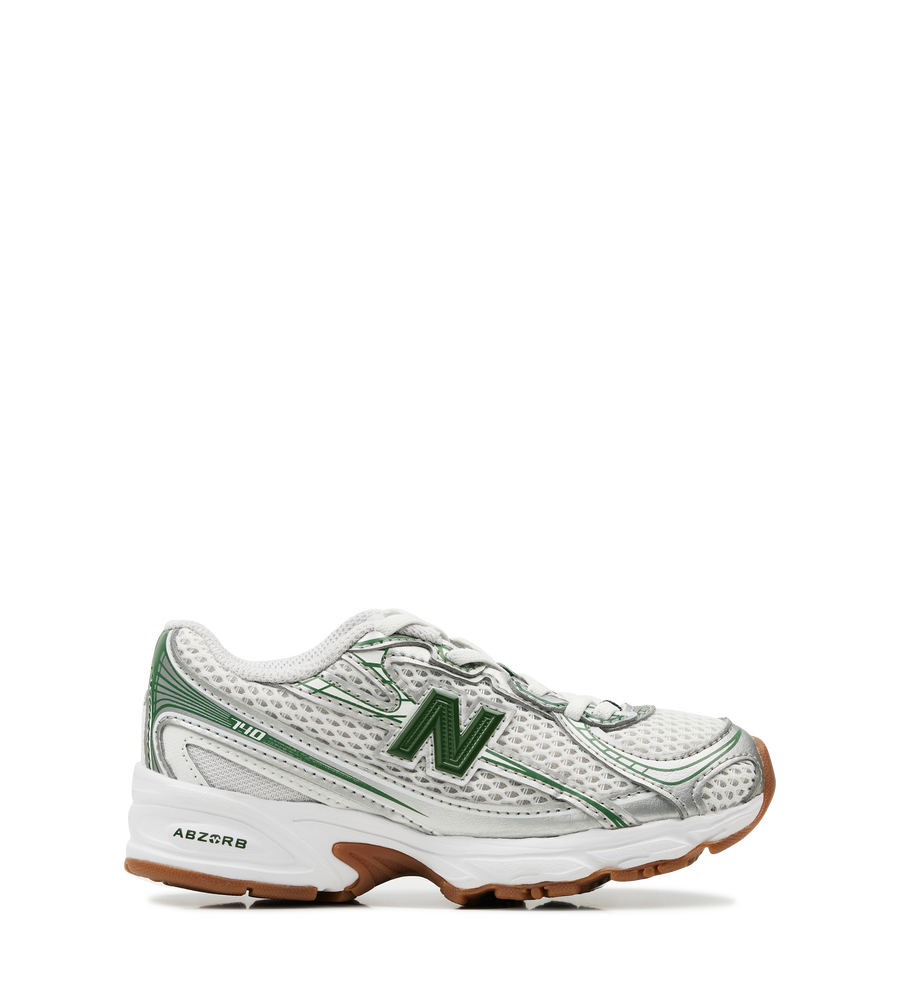 White and green sneaker with New Balance logo on a white background