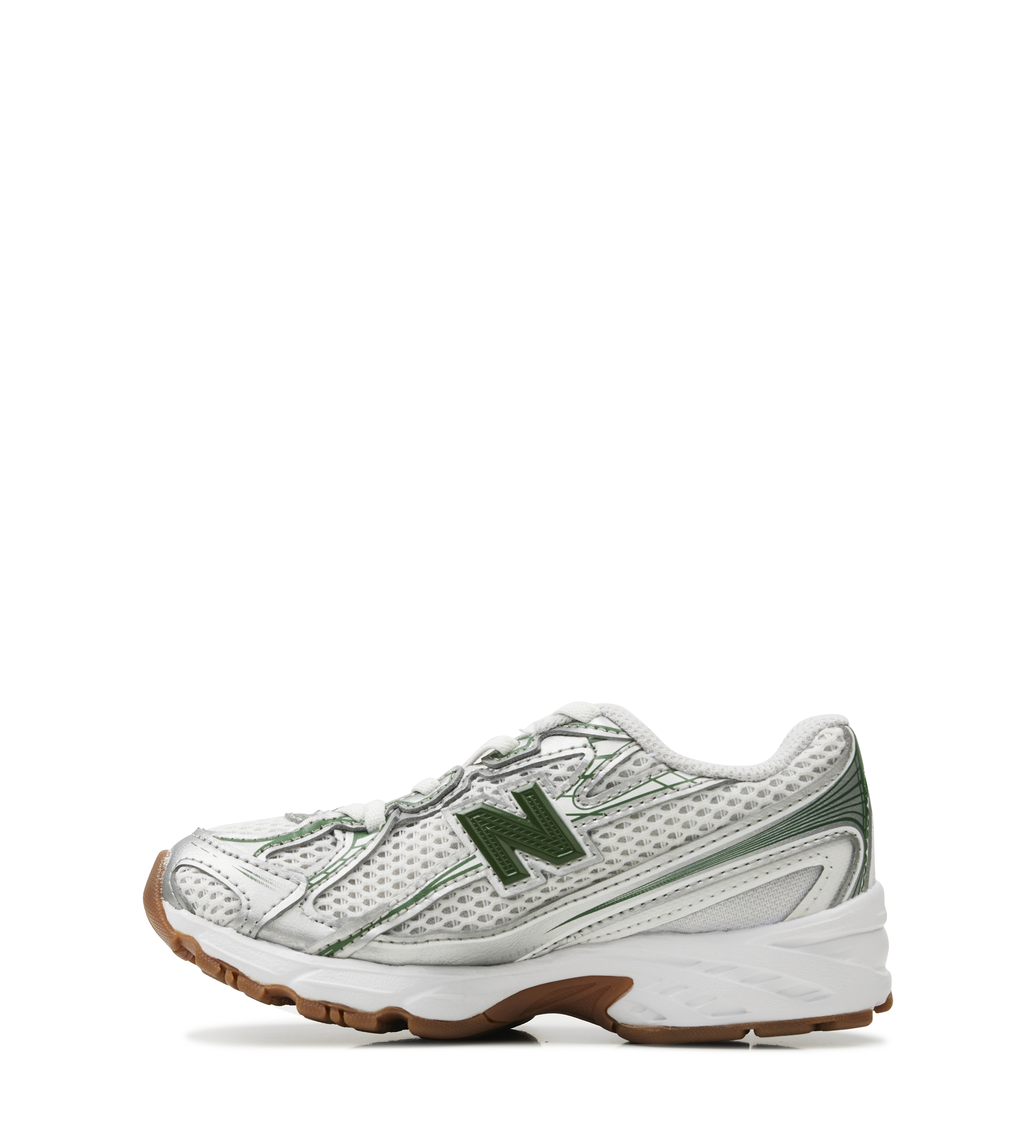 White sneaker with brown sole on a white background