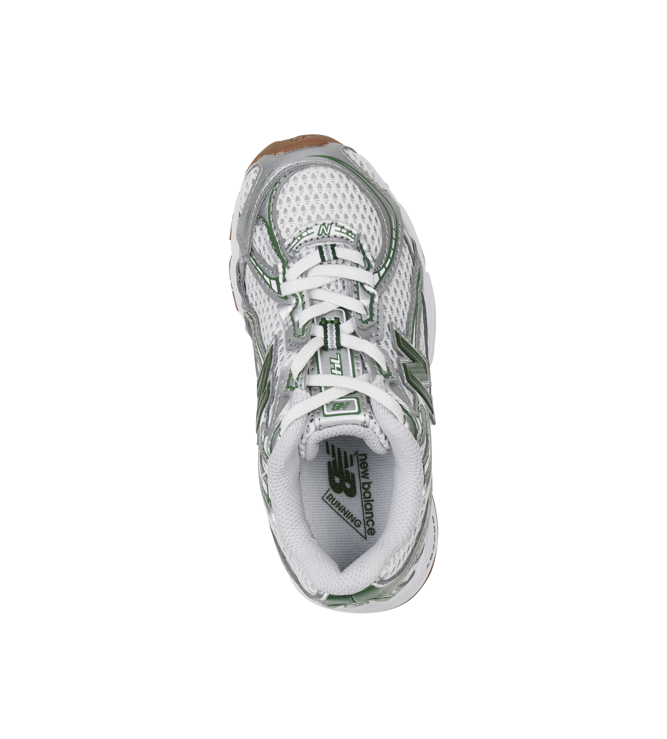 White running shoe with green accents on a white background