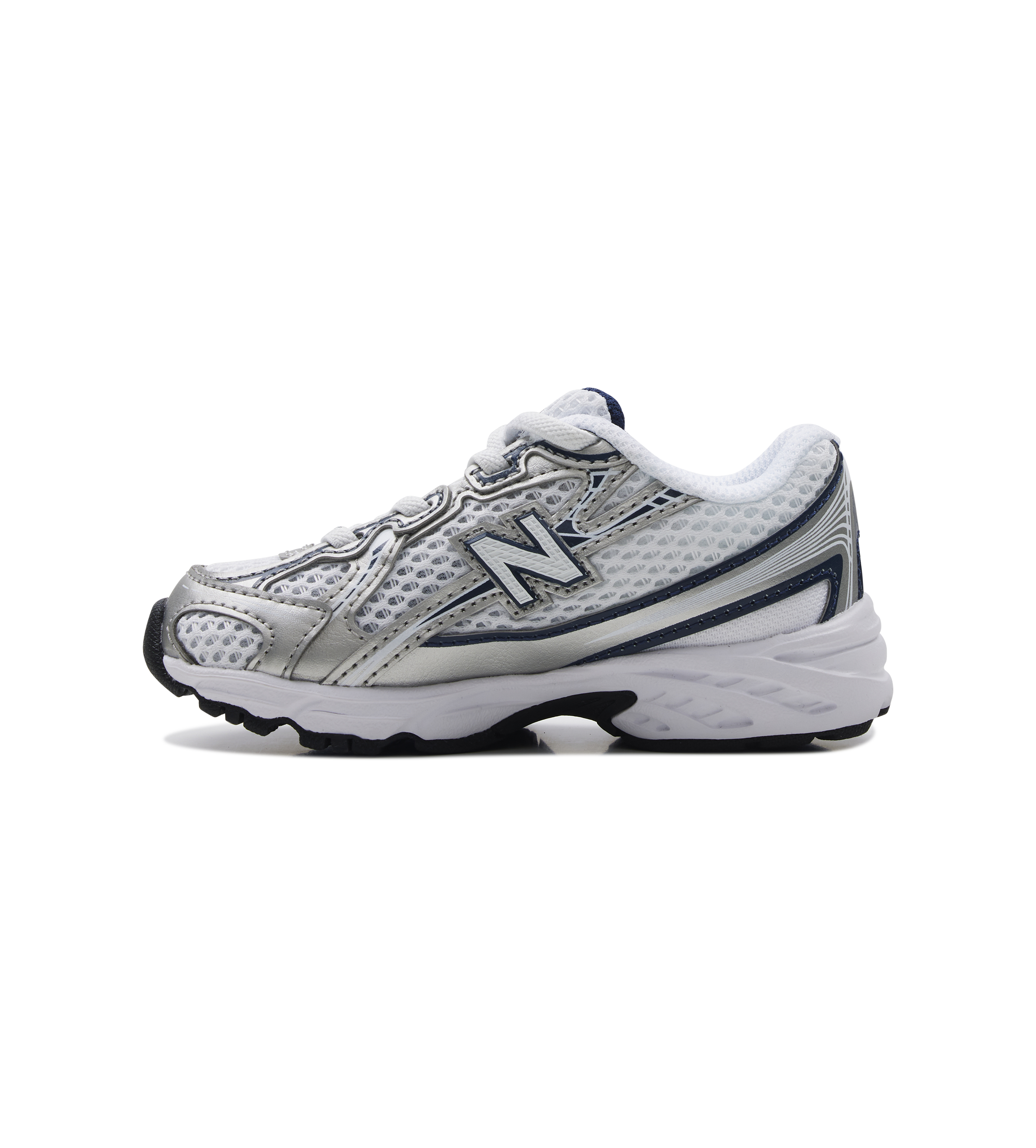 White and gray sneaker with New Balance logo on a white background