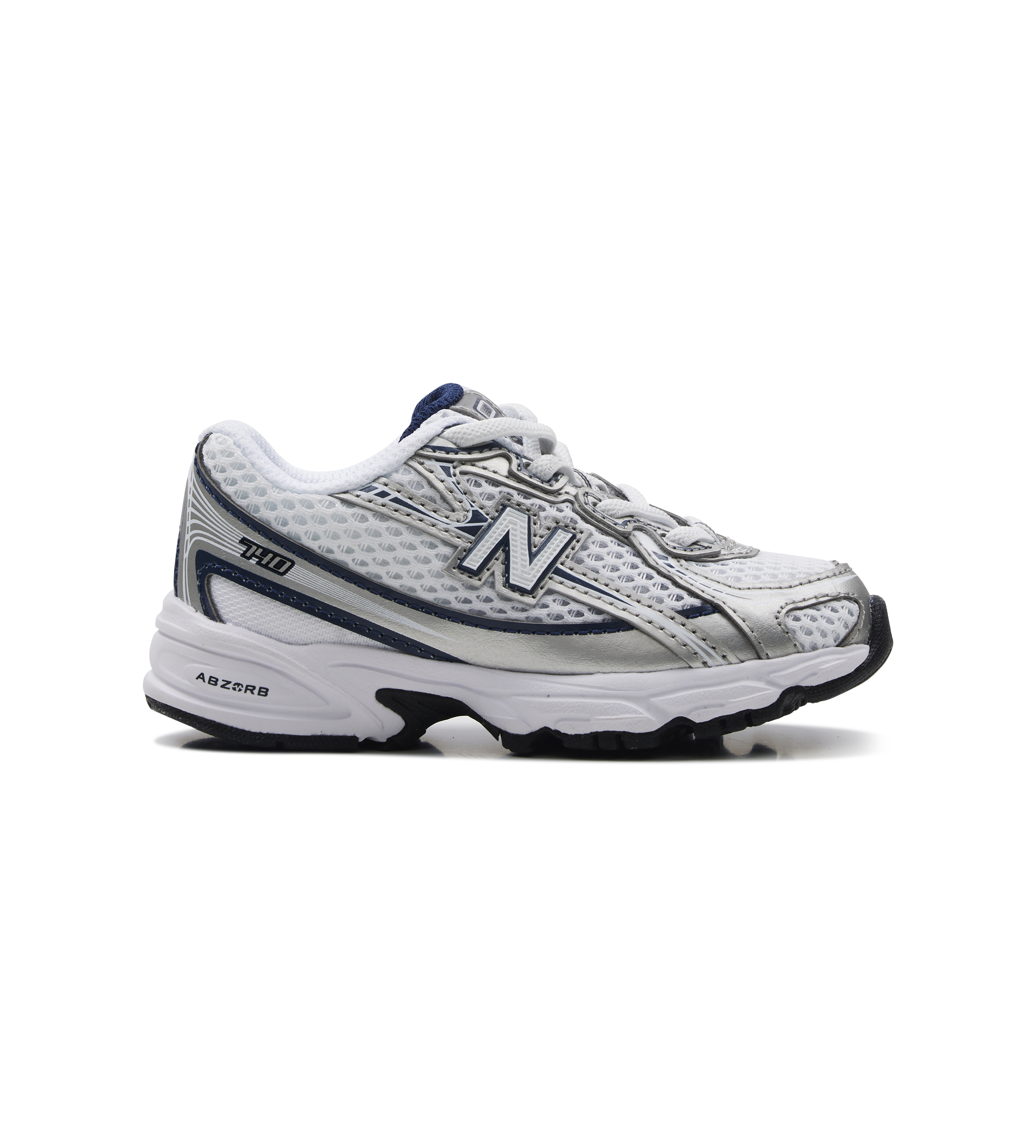 White running shoe with blue accents on a white background