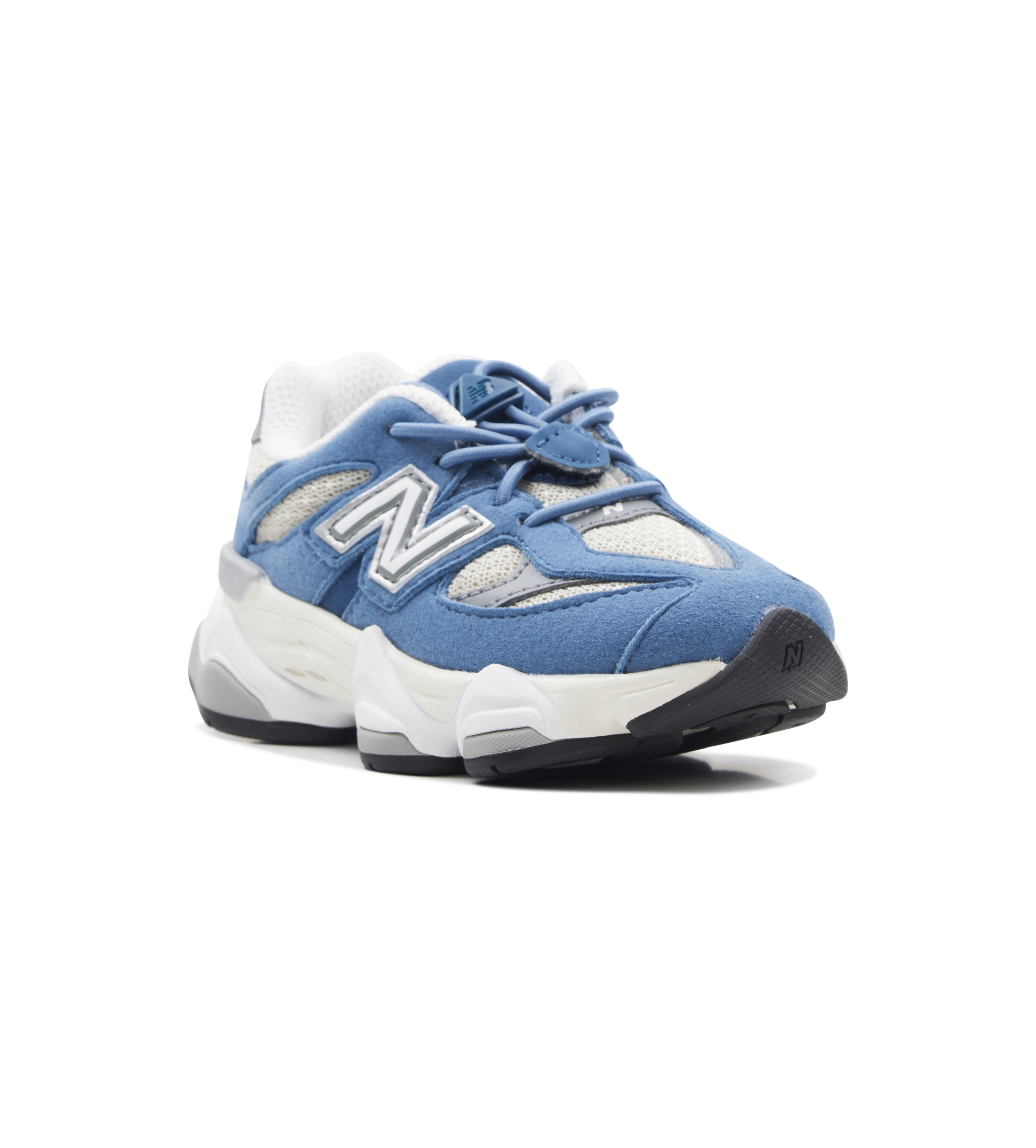 Blue and white sneakers with New Balance logo on a white background