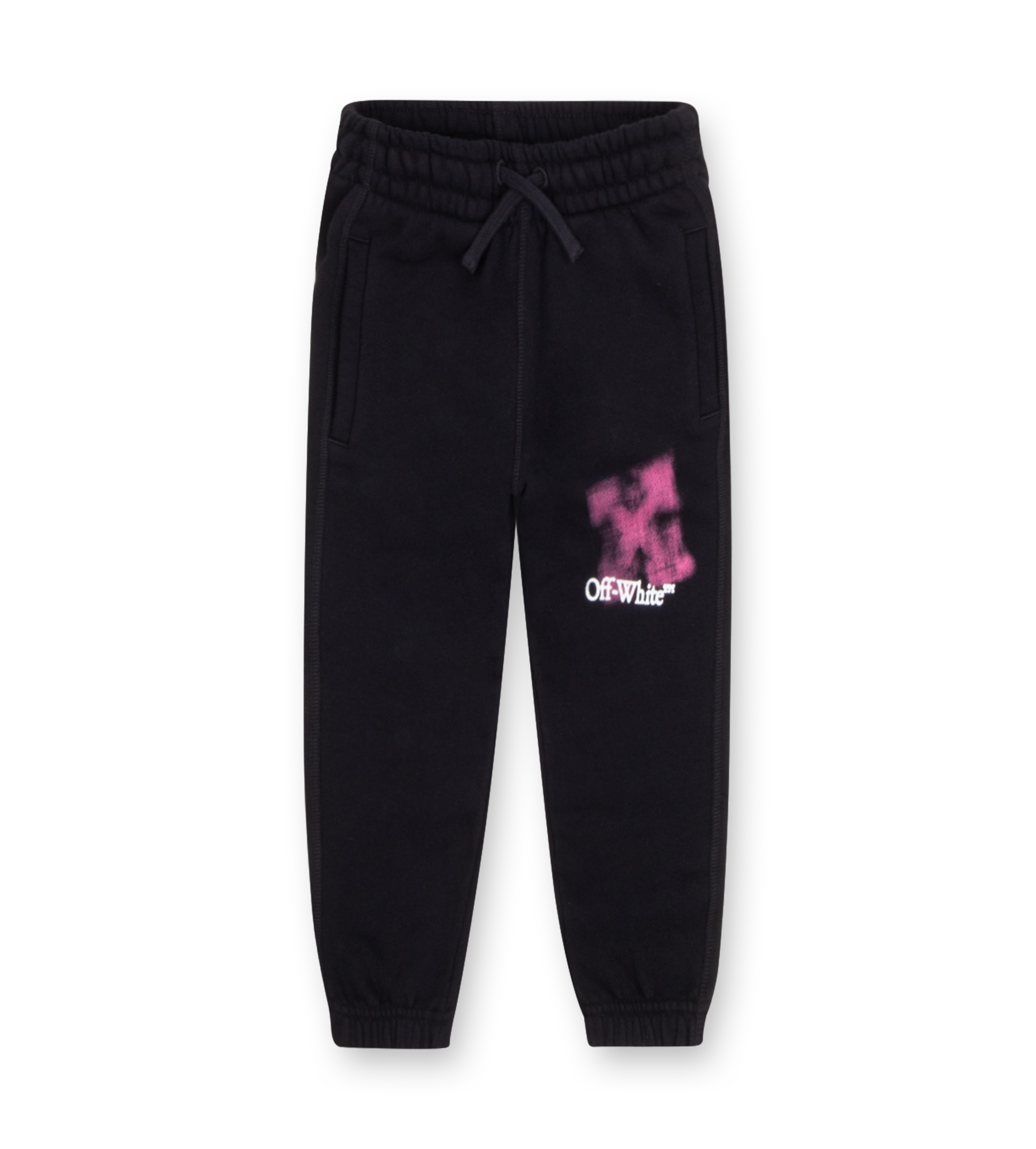 Off-White Arrow Spray Sweatpants in black with fuchsia spray print and arrow motif at back.
