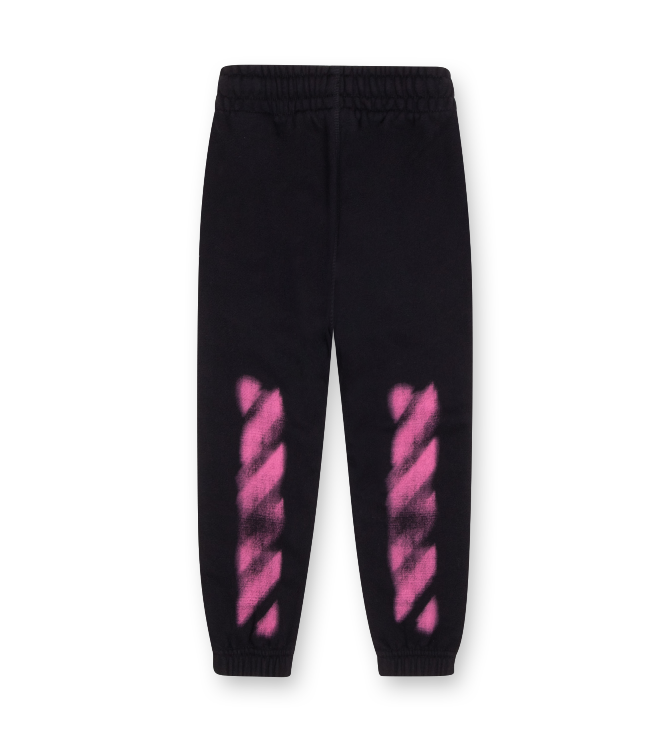 Off-White Arrow Spray Sweatpants in black with fuchsia spray print and arrow motif at back.
