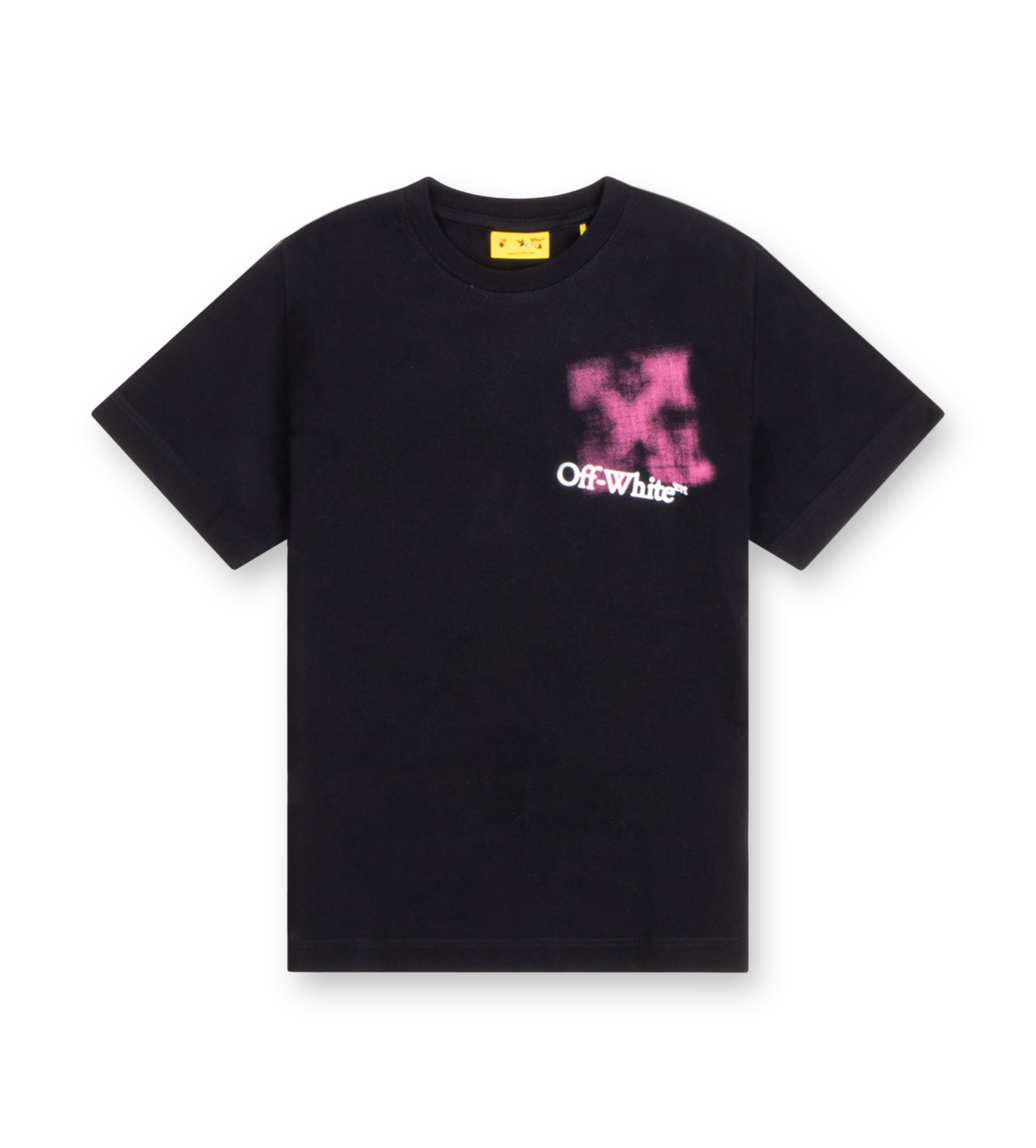 Off-White Arrow Spray T-Shirt black with fuchsia spray paint arrow back print and logo front detail.