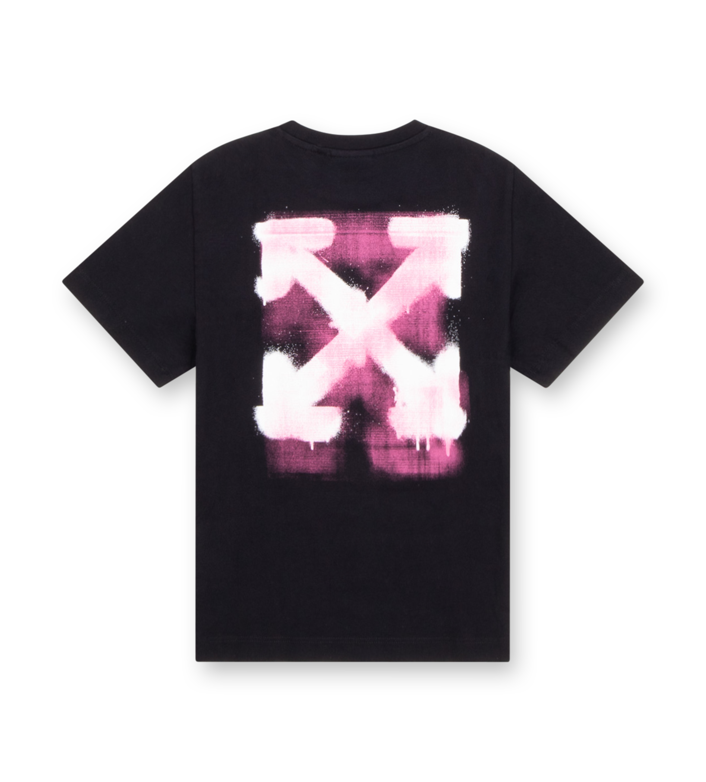 Off-White Arrow Spray T-Shirt black with fuchsia spray paint arrow back print and logo front detail.
