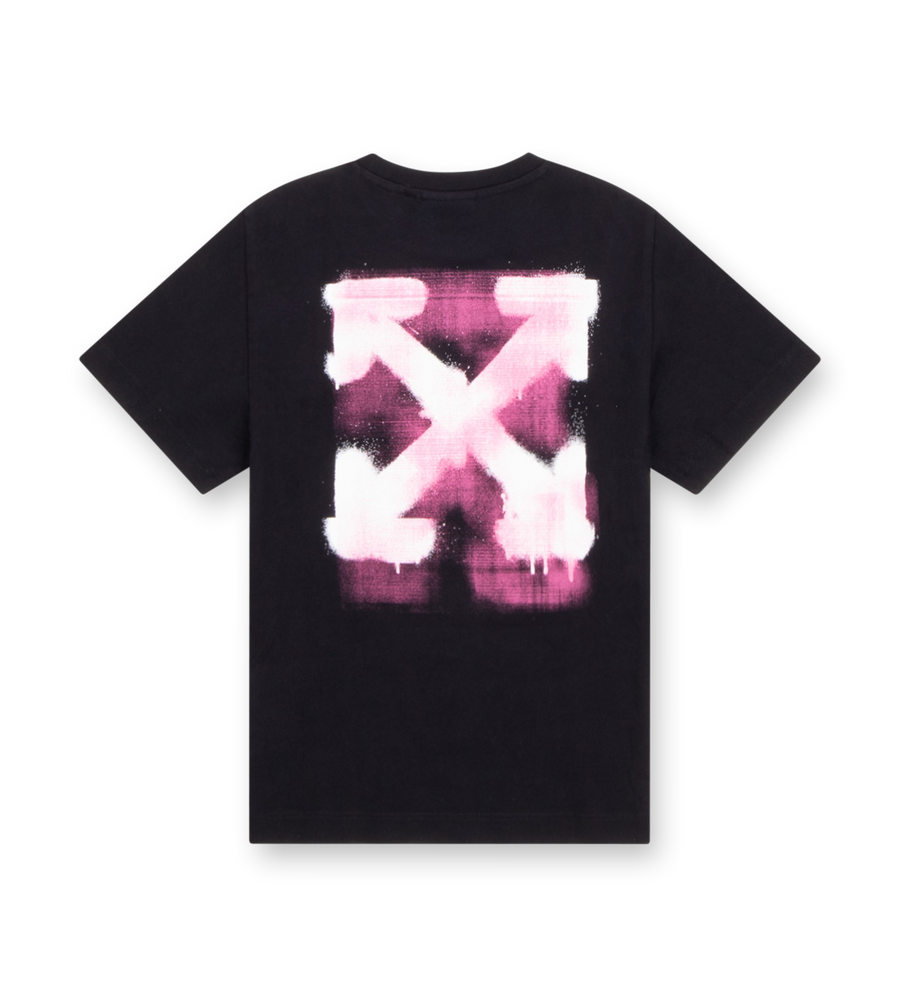 Off-White Arrow Spray T-Shirt black with fuchsia spray paint arrow back print and logo front detail.