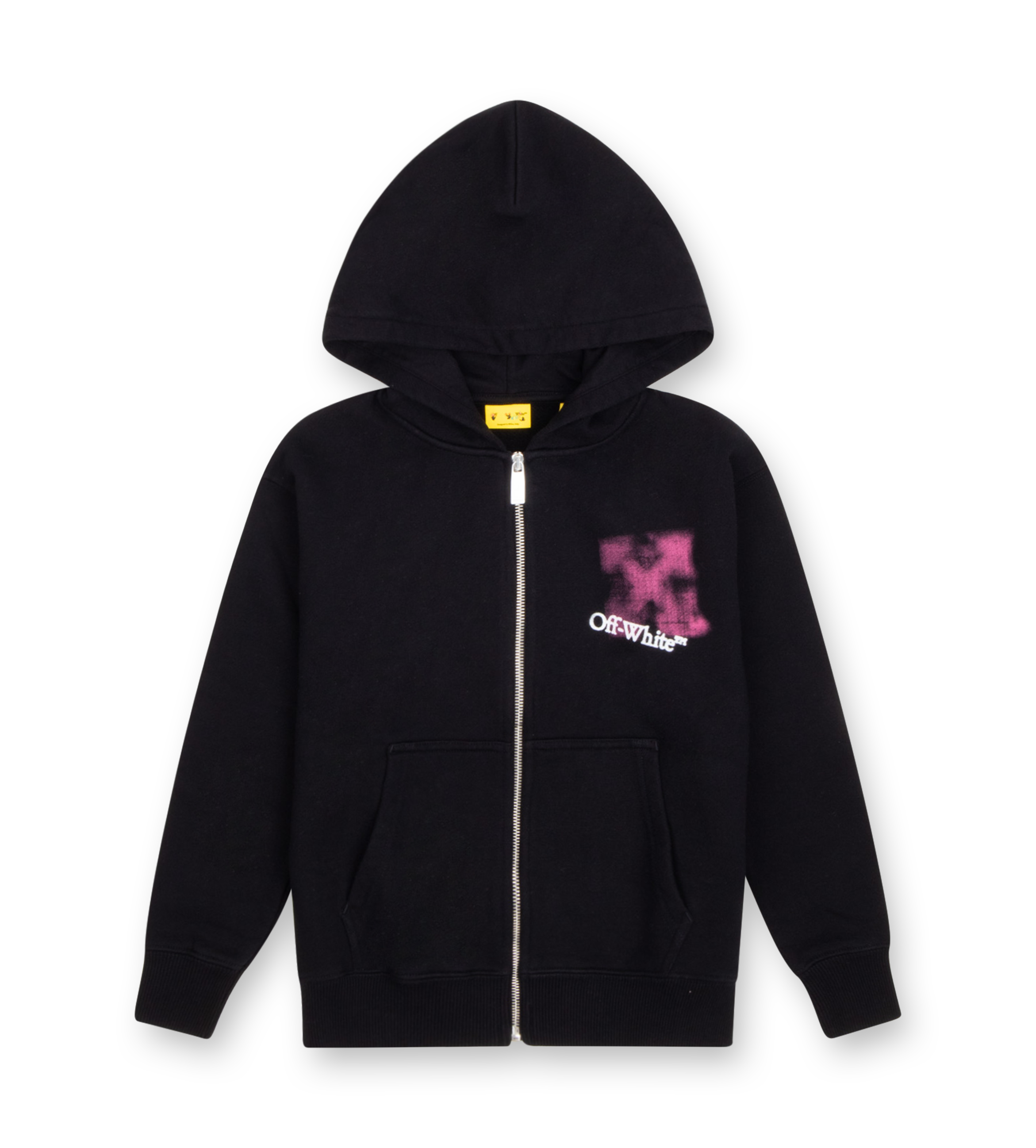 Off-White Arrow Spray Zip Hoodie black with fuchsia spray arrow print and full zip closure.