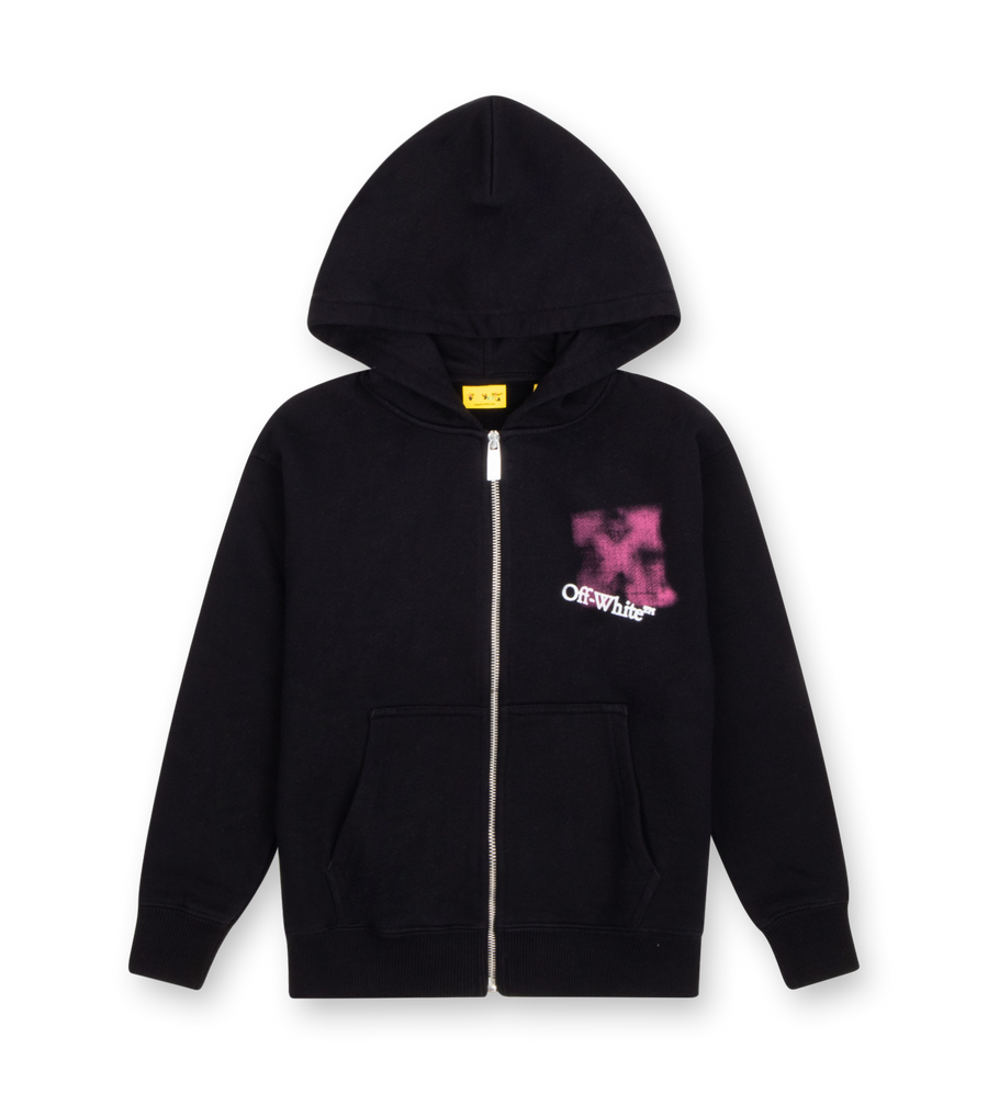 Off-White Arrow Spray Zip Hoodie black with fuchsia spray arrow print and full zip closure.