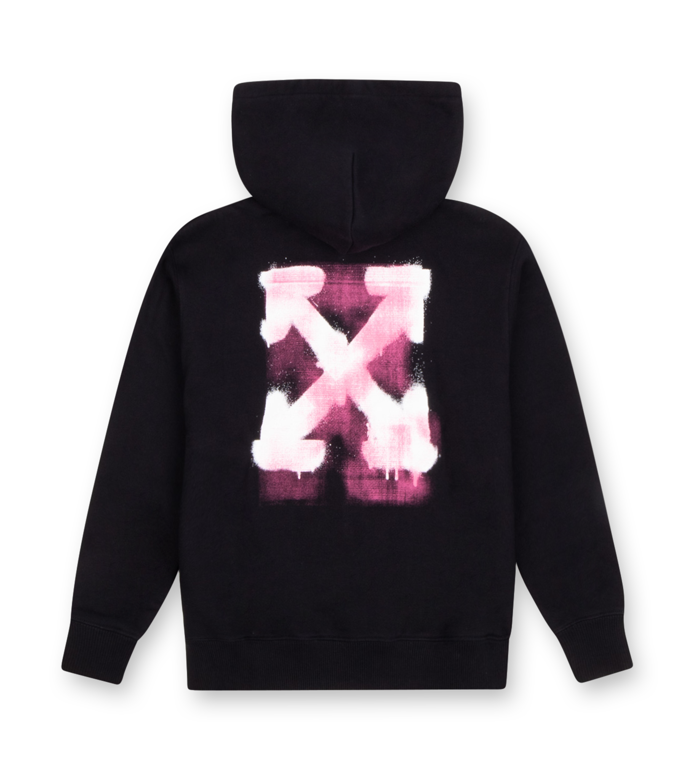 Off-White Arrow Spray Zip Hoodie black with fuchsia spray arrow print and full zip closure.