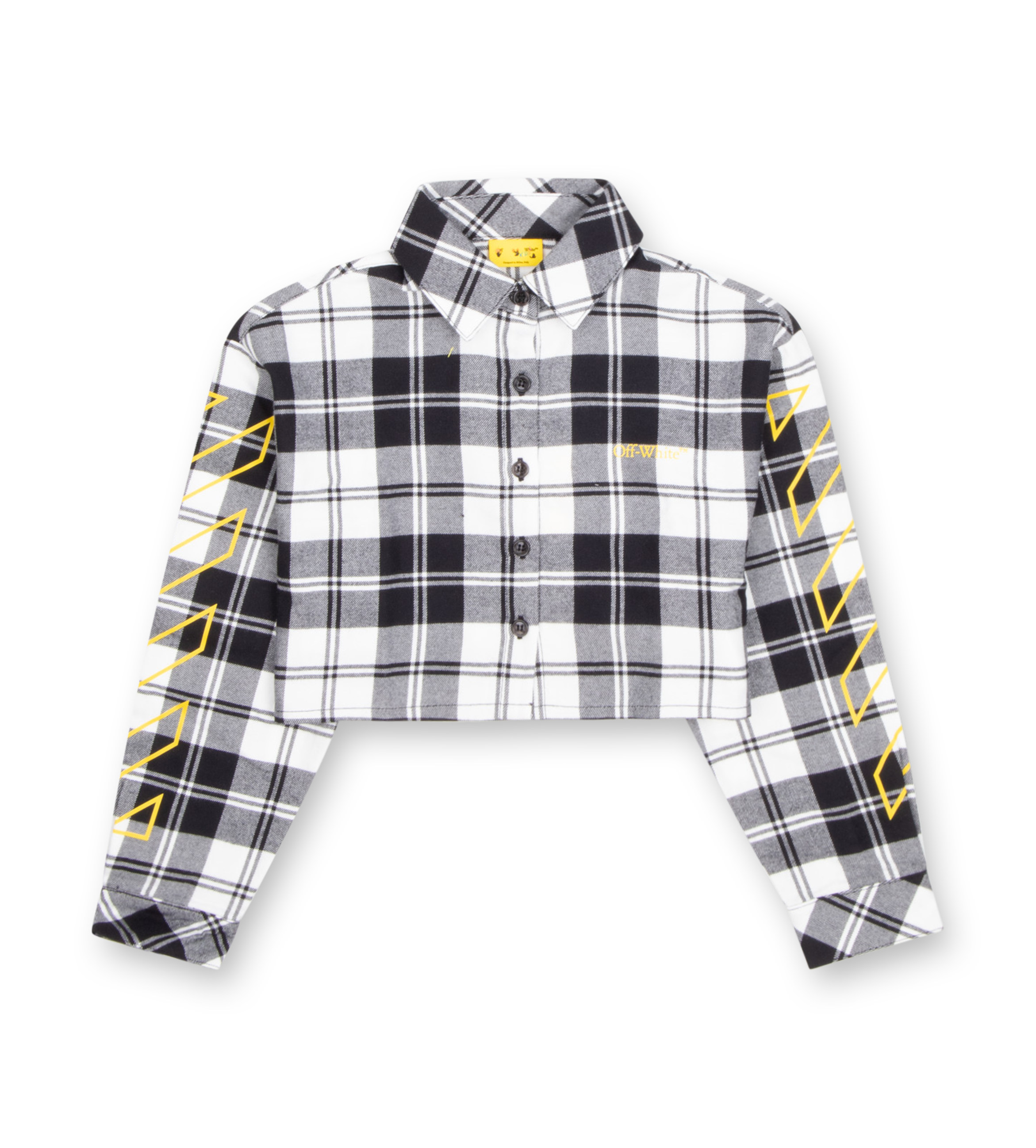 Plaid crop shirt with yellow accents on a white background