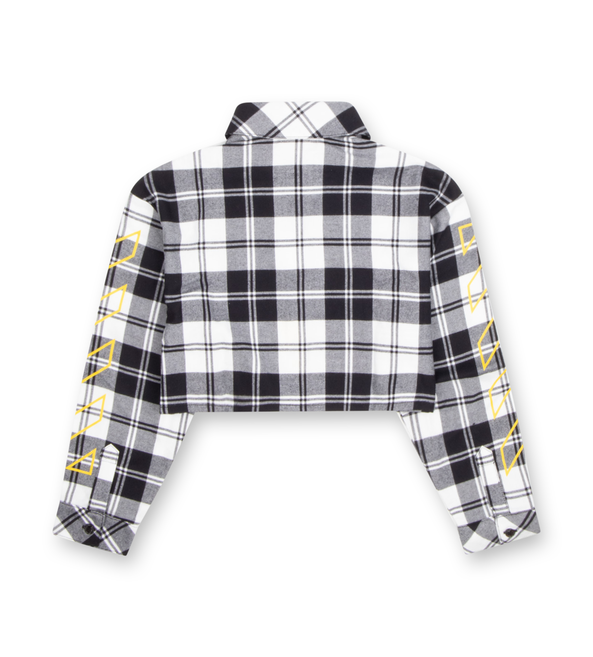 Black and white plaid shirt with yellow accents on sleeves and collar, back view.