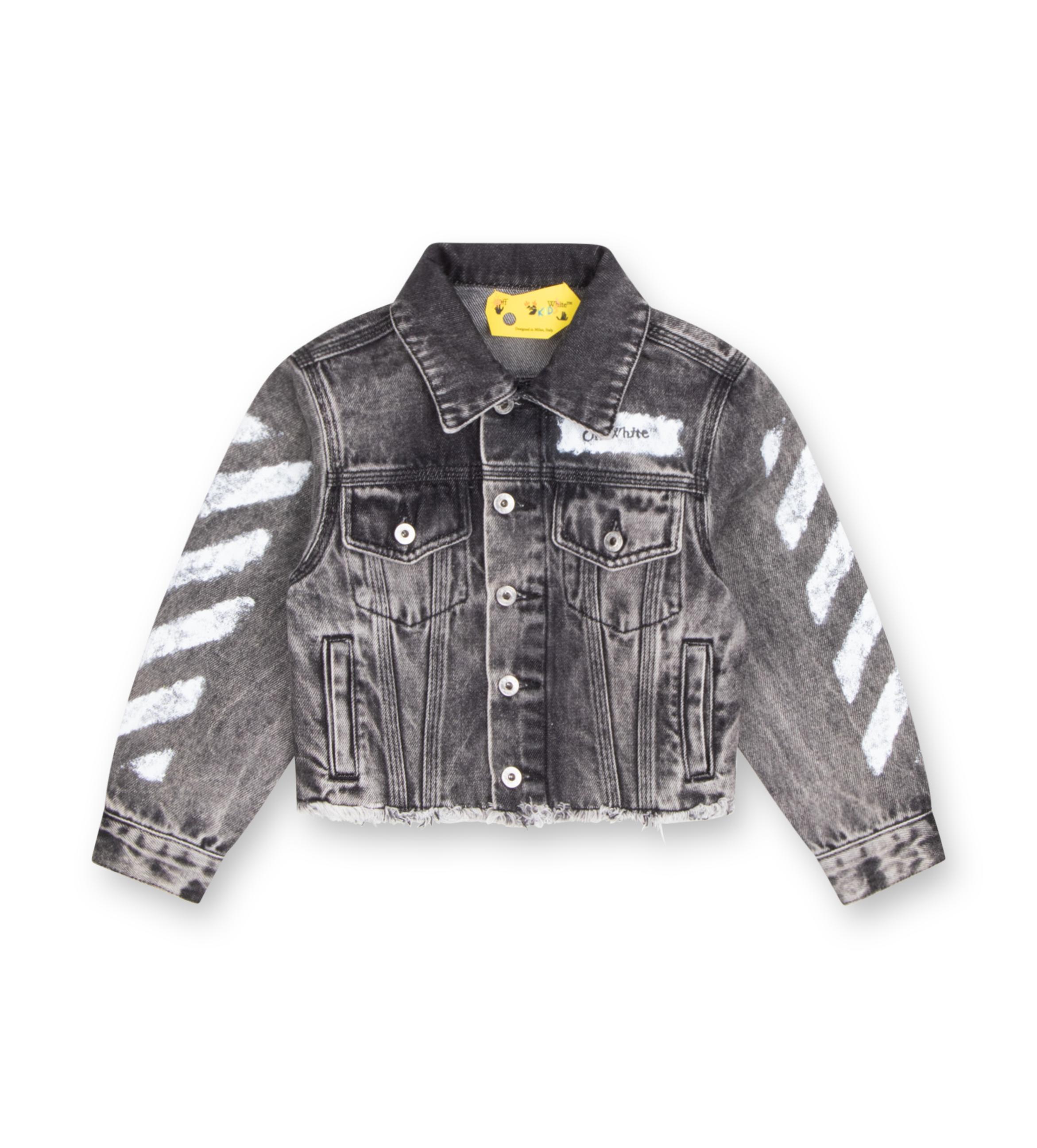 Off-White Diagonal Sponge Denim Jacket grey with diagonal stripe sleeve and back print, button closure, and frayed hem.