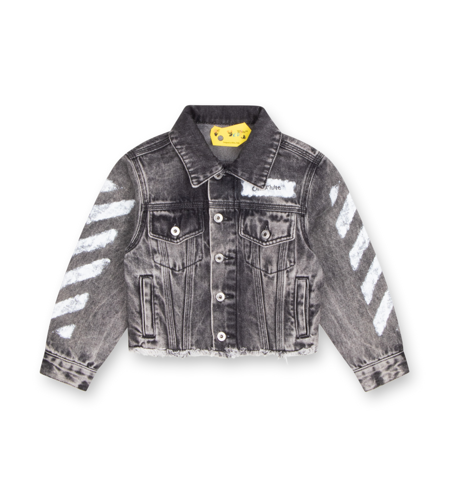 Off-White Diagonal Sponge Denim Jacket grey with diagonal stripe sleeve and back print, button closure, and frayed hem.