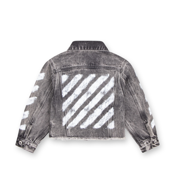 Off-White Diagonal Sponge Denim Jacket grey with diagonal stripe sleeve and back print, button closure, and frayed hem.