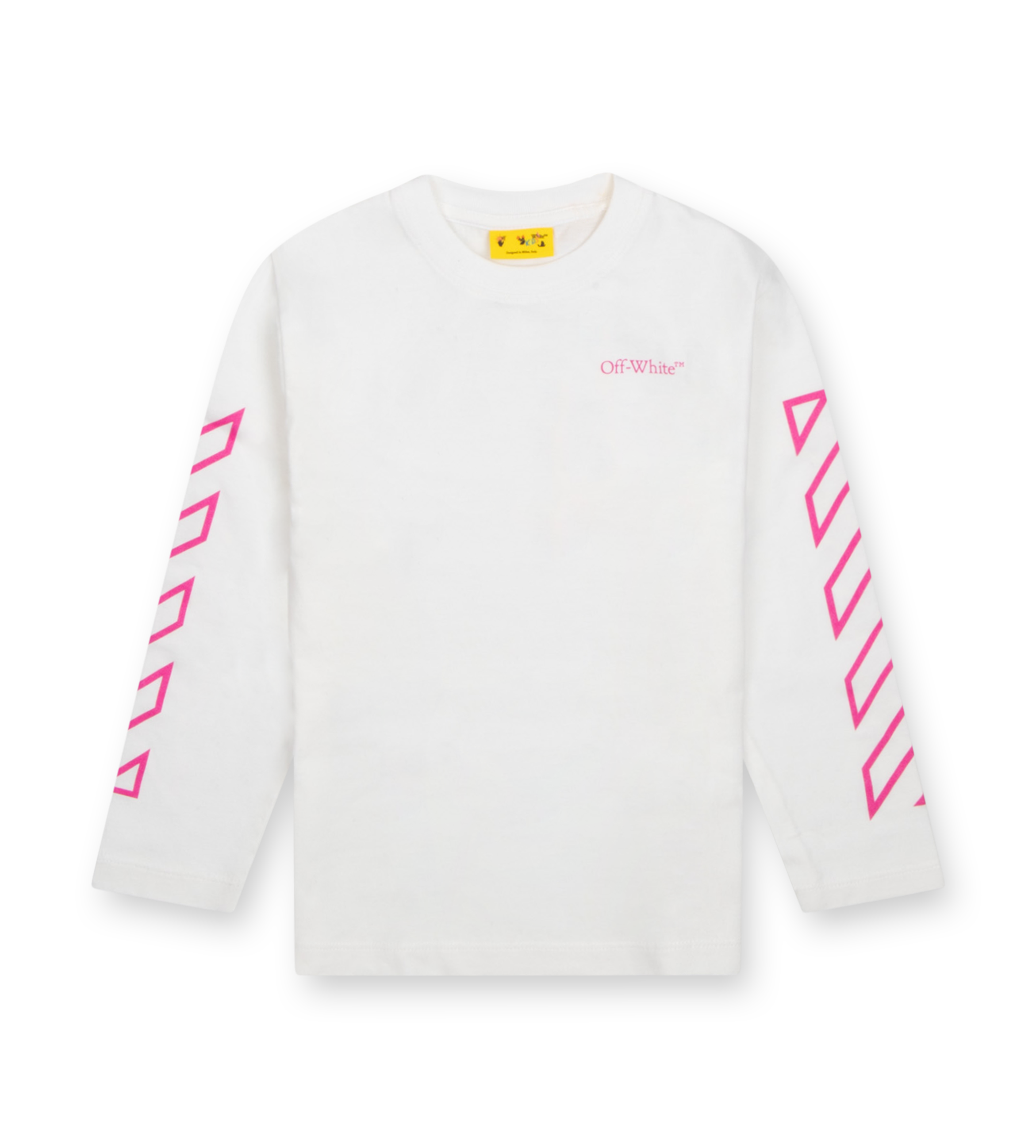 Off-White Kids Diag Outline Flock Longsleeve white with fuchsia flocked diagonal sleeve print and logo chest detail.