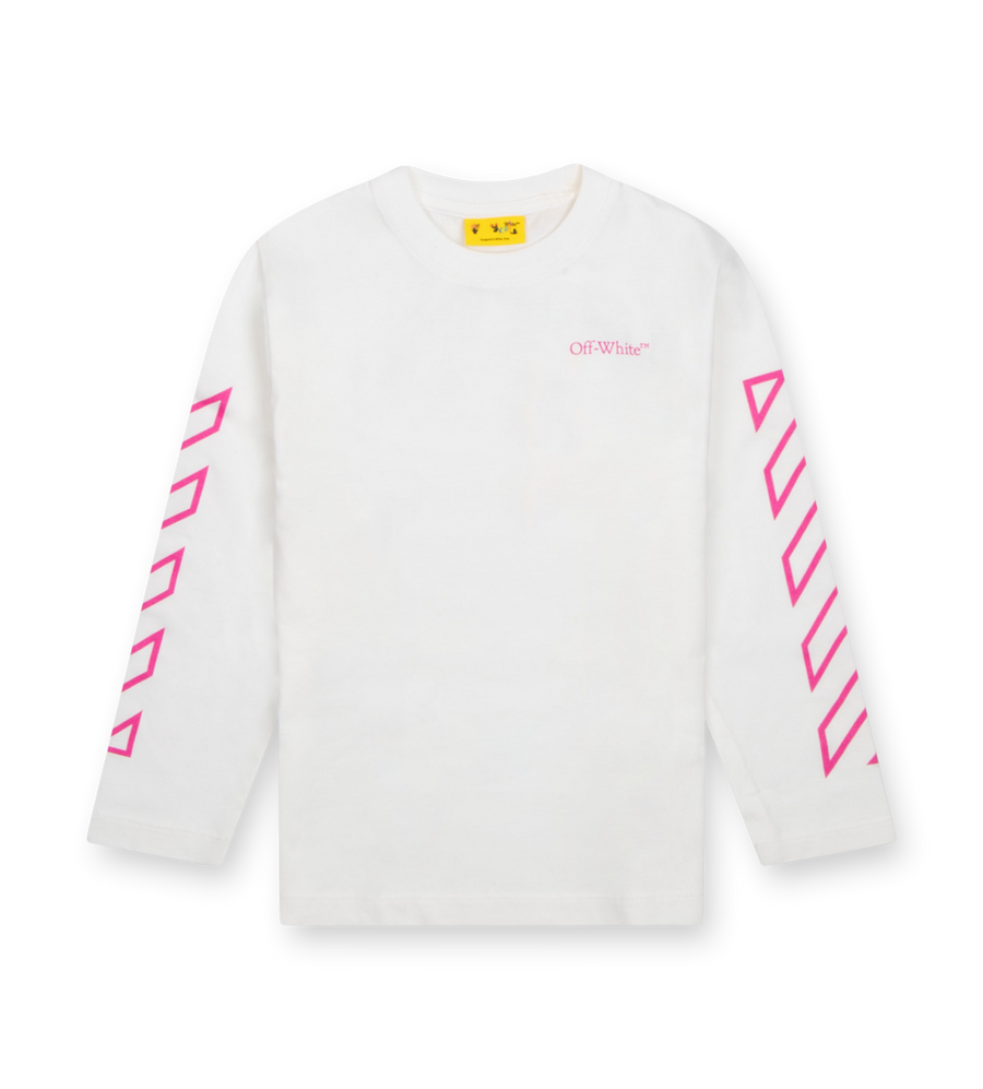 Off-White Kids Diag Outline Flock Longsleeve white with fuchsia flocked diagonal sleeve print and logo chest detail.