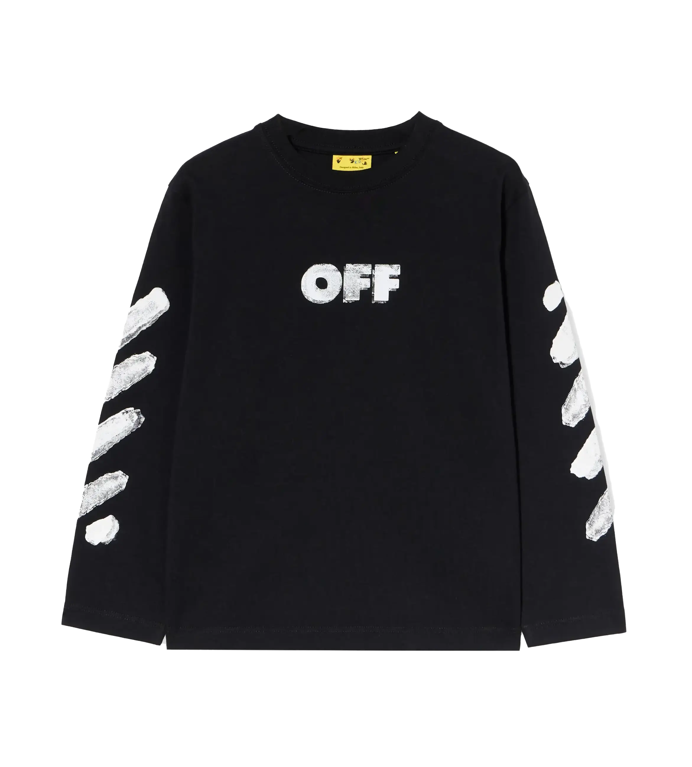 Black long-sleeve shirt with 'OFF' text and white patterns on sleeves against a white background
