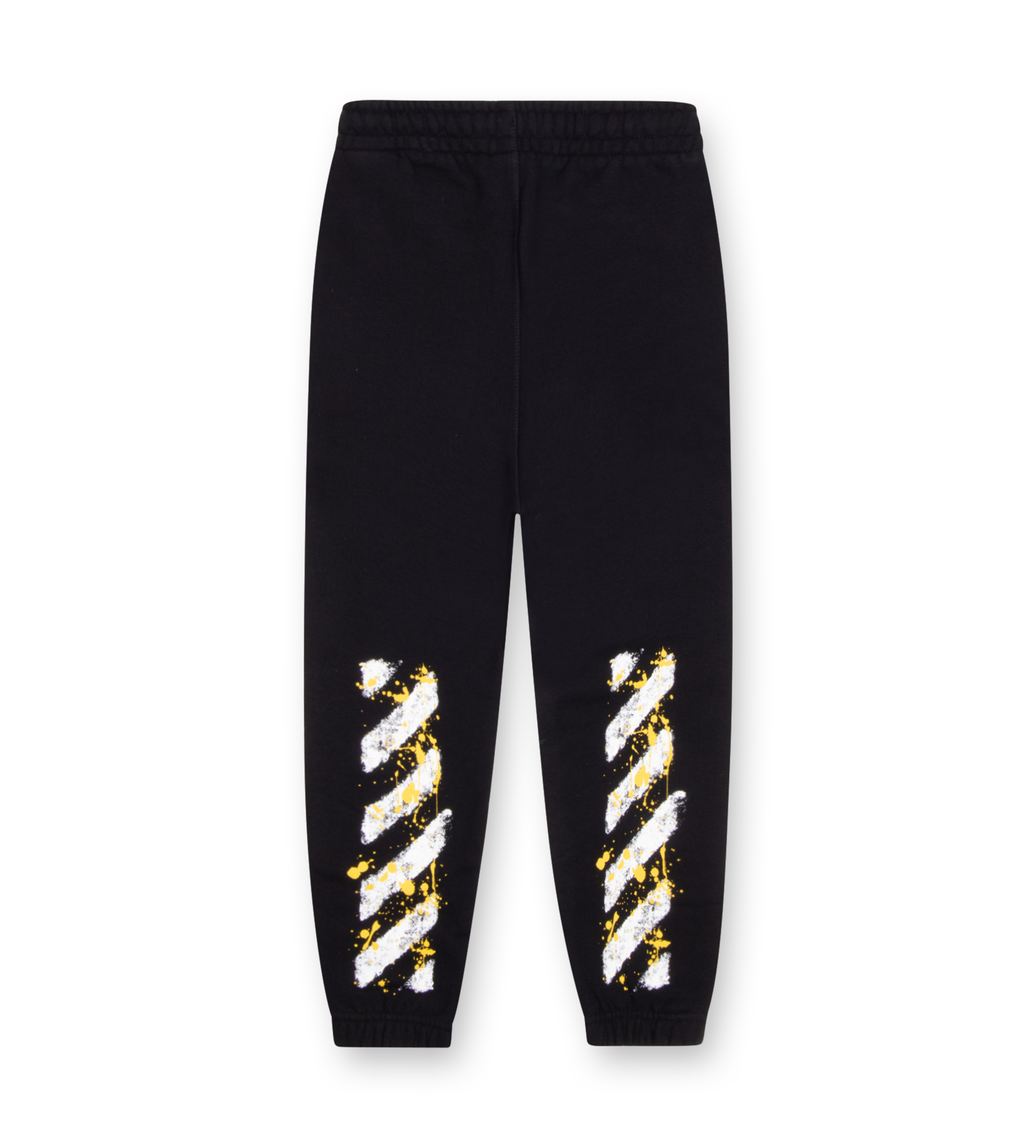 Off-White Kids Diag Splat Sweatpants black with paint-splattered diagonal stripe print and logo detail.
