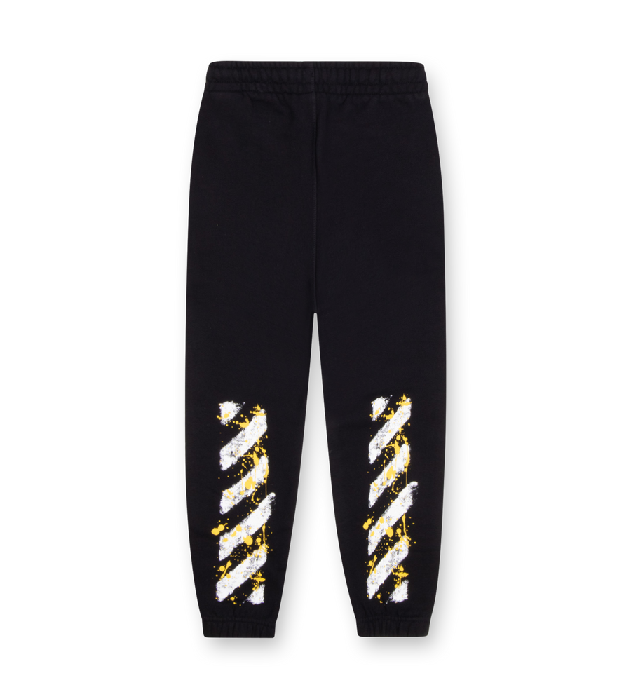 Off-White Kids Diag Splat Sweatpants black with paint-splattered diagonal stripe print and logo detail.
